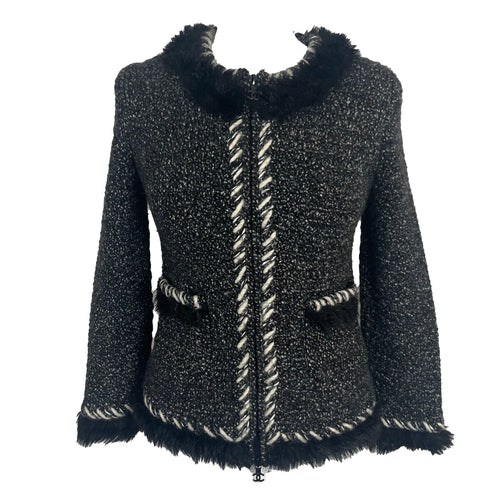 Chanel Monochrome Boucle Cashmere Jacket with Faux Fur Trim XXS/XS