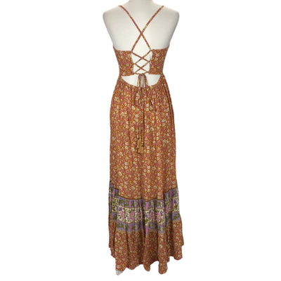 Spell Brand New £290 Tan Floral Strappy Maxi Dress M