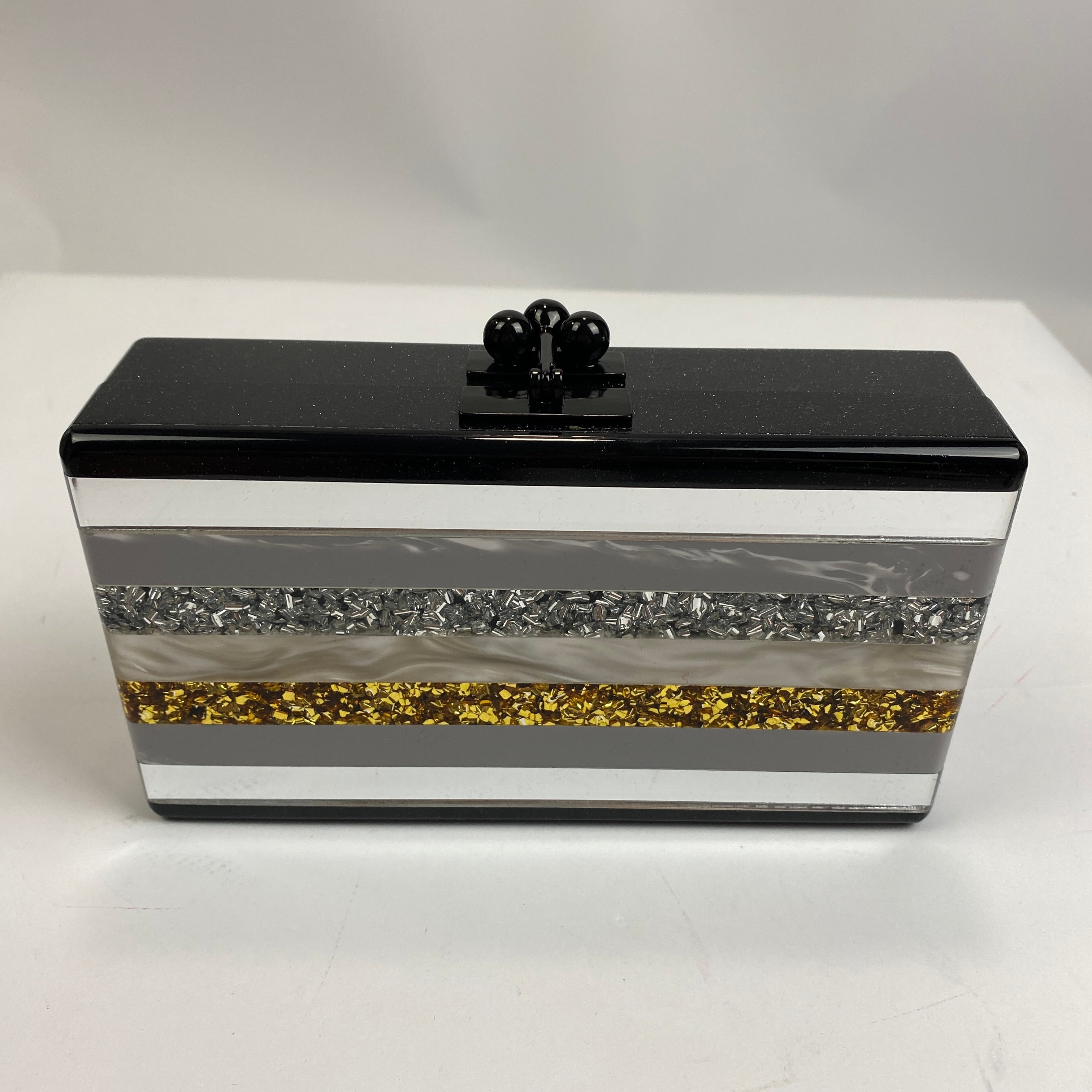 Edie Parker New Black Metallic Stripe Box Jean Clutch Bag