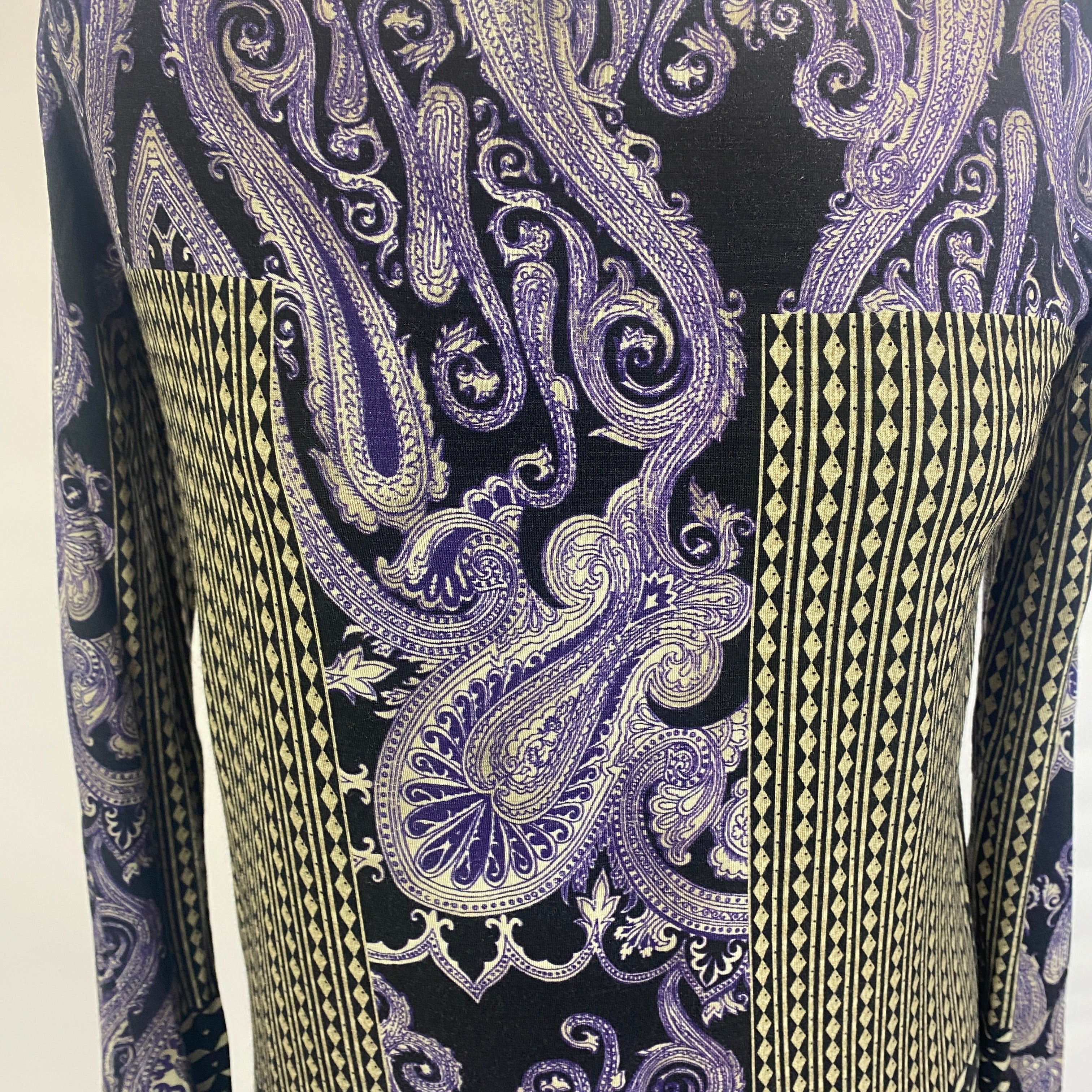 Etro Purple & Black Paisley Panel Print Wool Top XS
