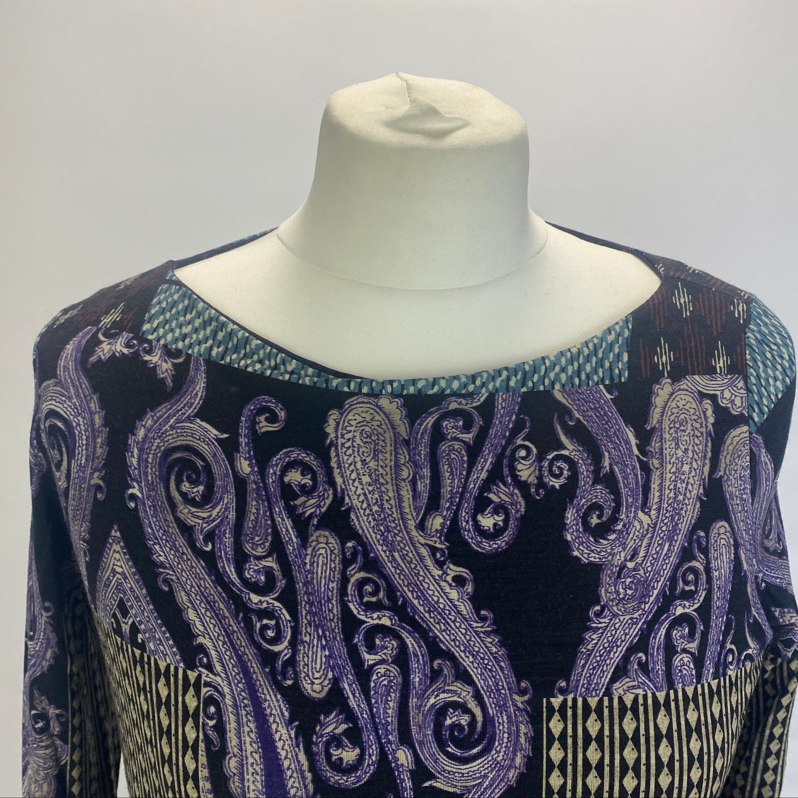 Etro Purple & Black Paisley Panel Print Wool Top XS