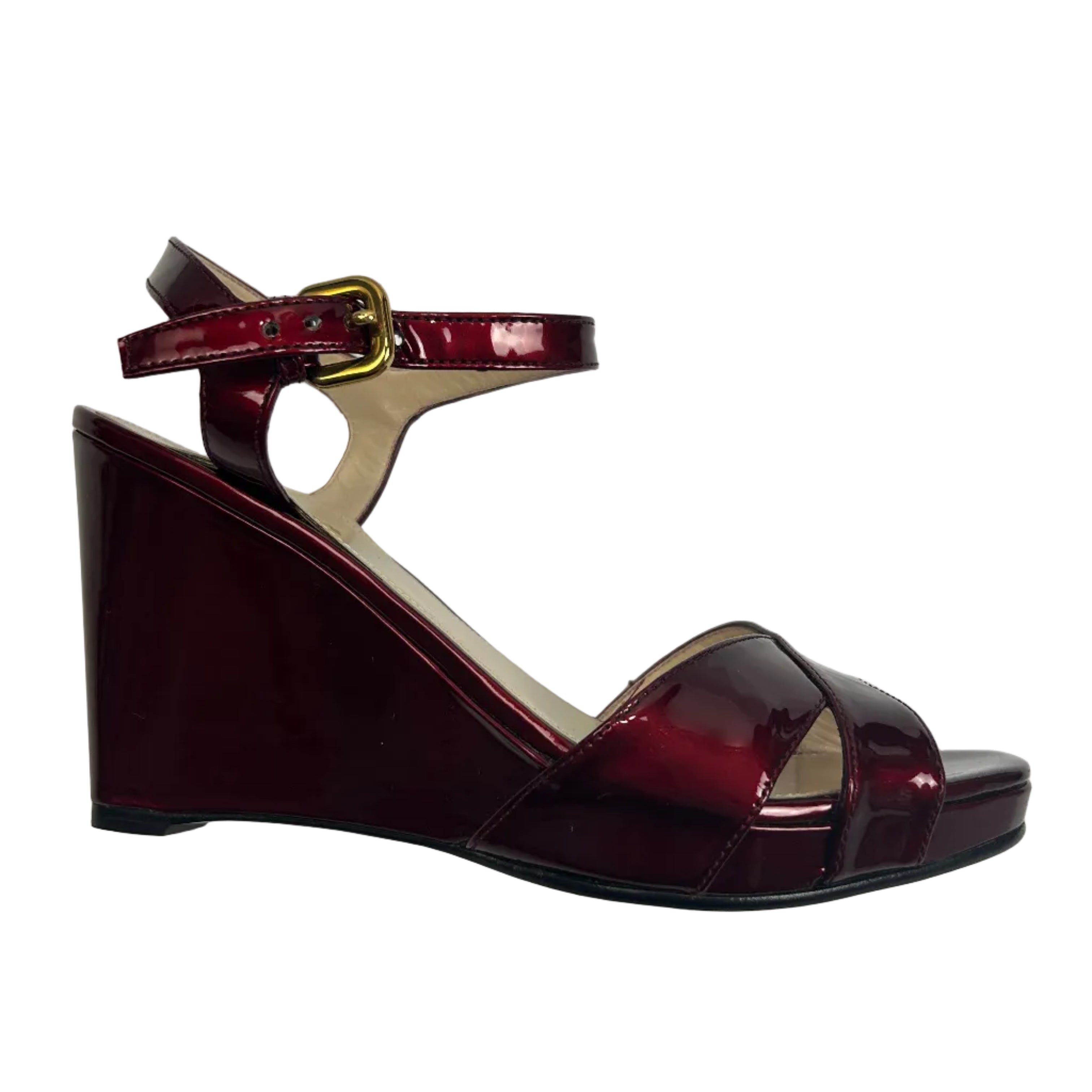 Prada New Bordeaux Patent Wedge Sandals 38