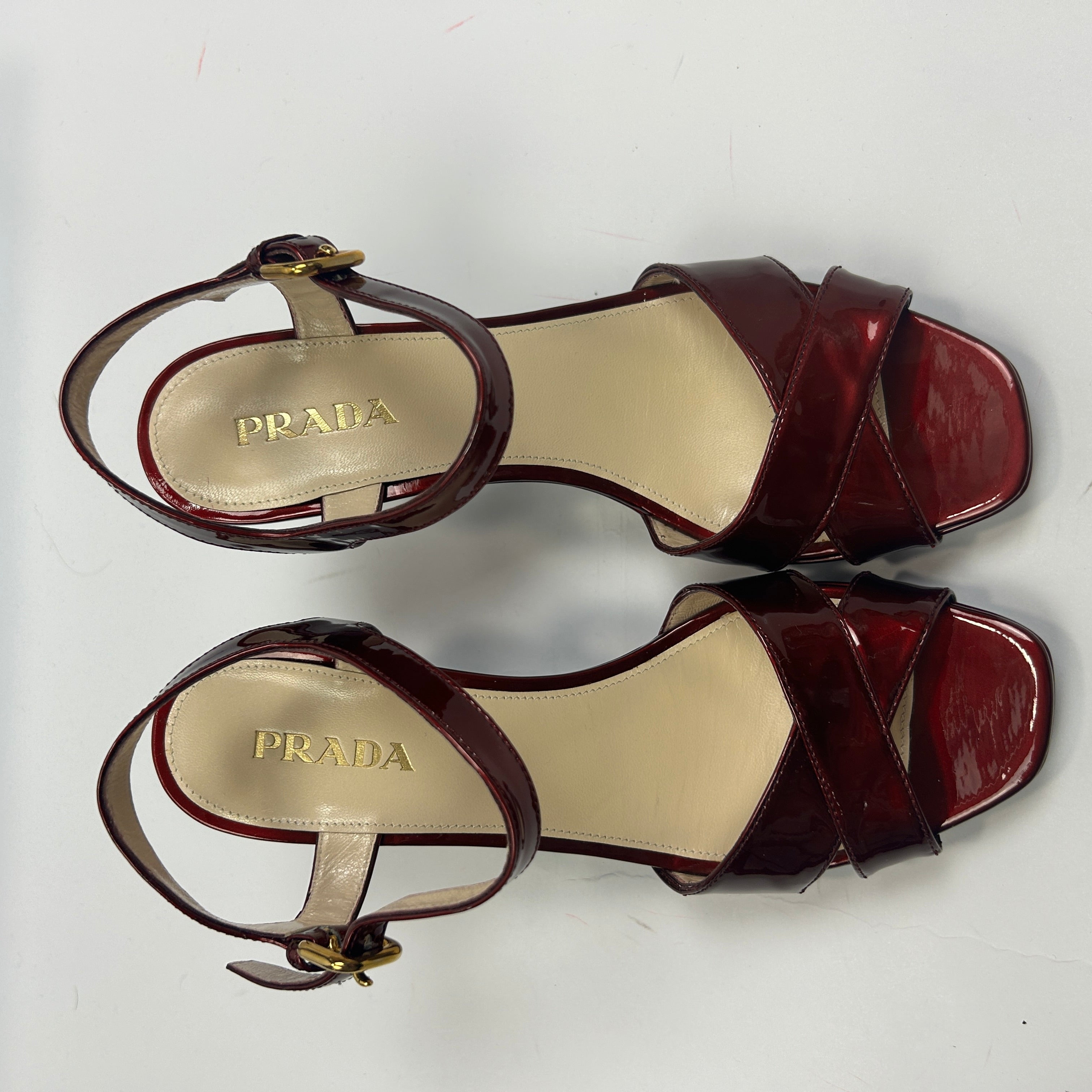 Prada New Bordeaux Patent Wedge Sandals 38
