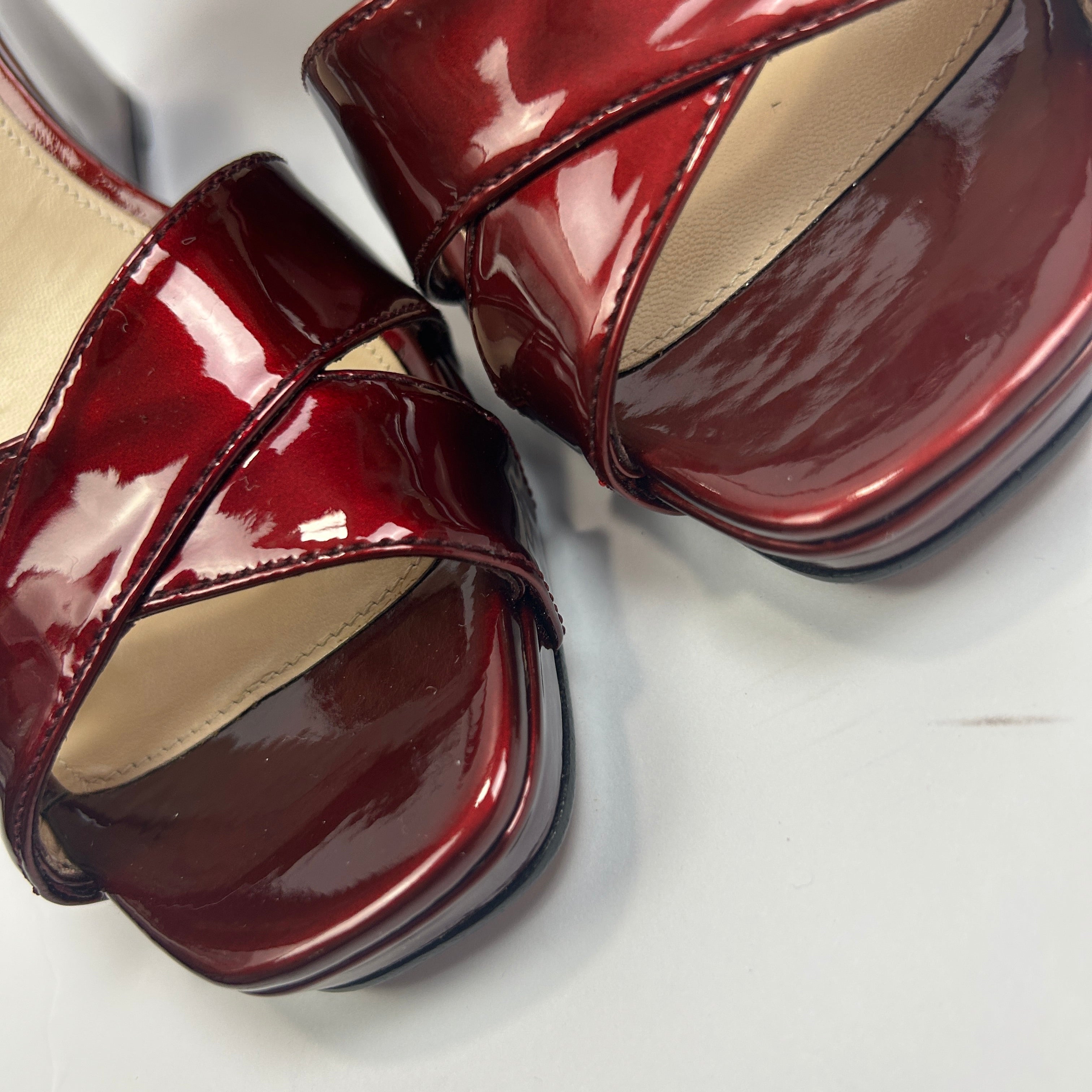 Prada New Bordeaux Patent Wedge Sandals 38