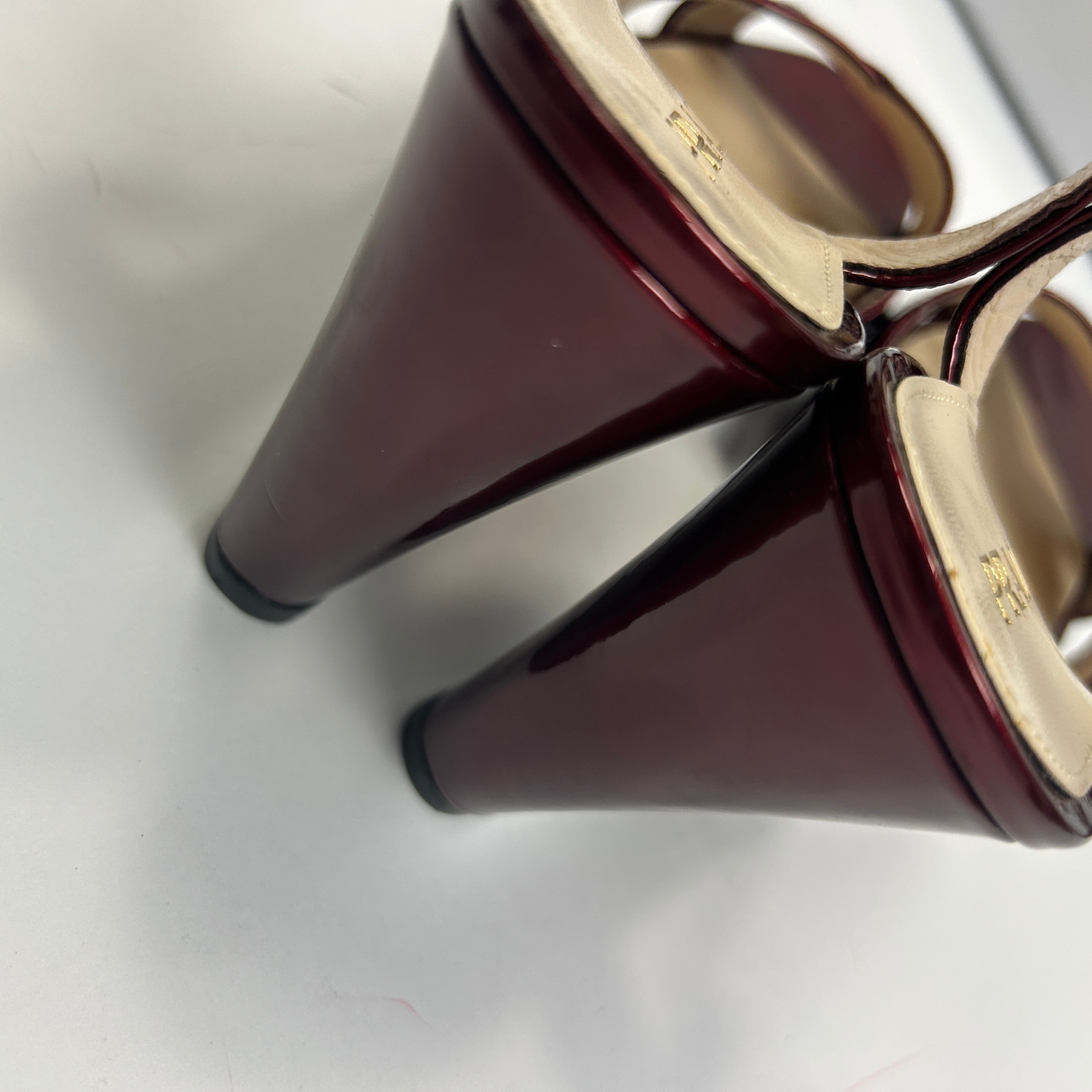 Prada New Bordeaux Patent Wedge Sandals 38