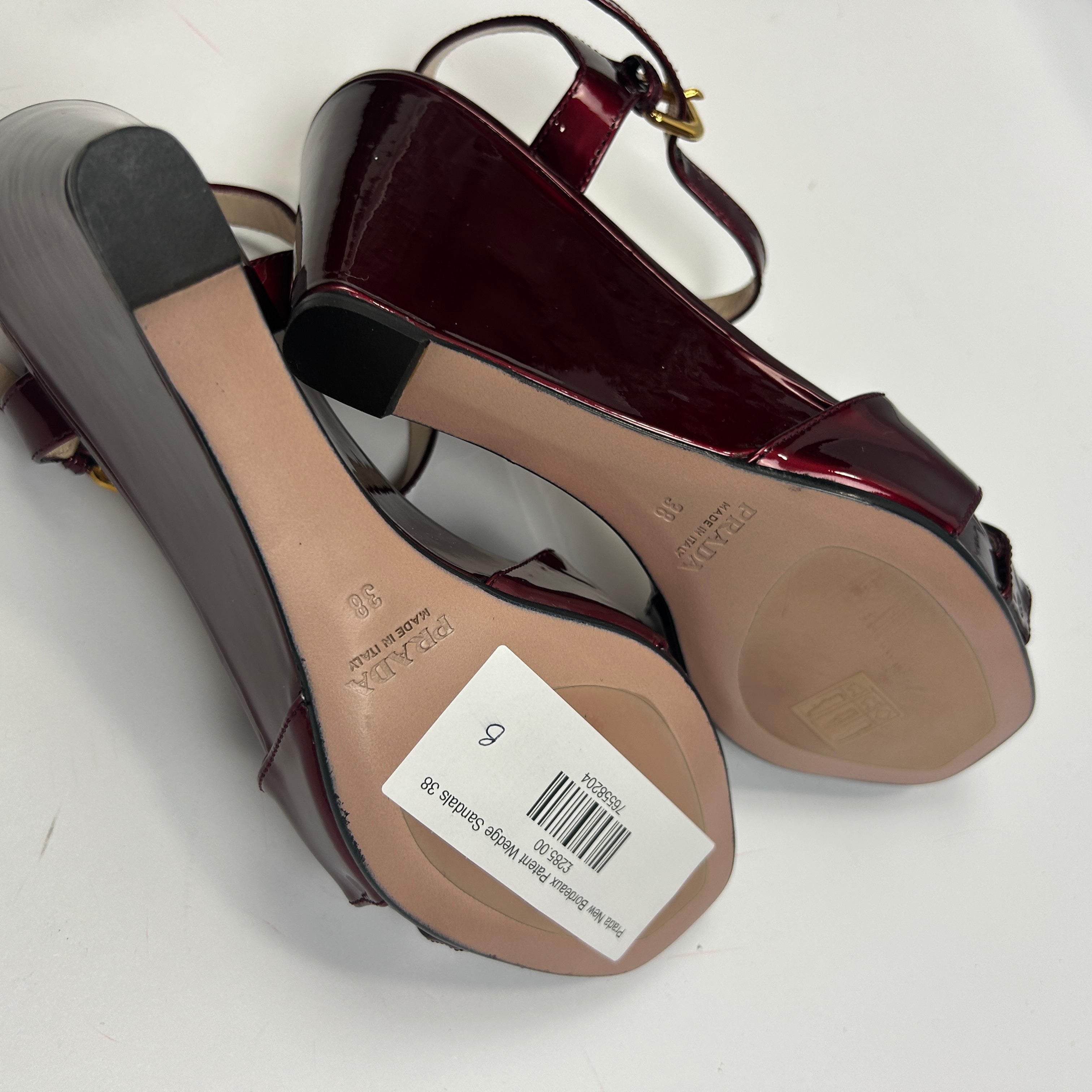 Prada New Bordeaux Patent Wedge Sandals 38