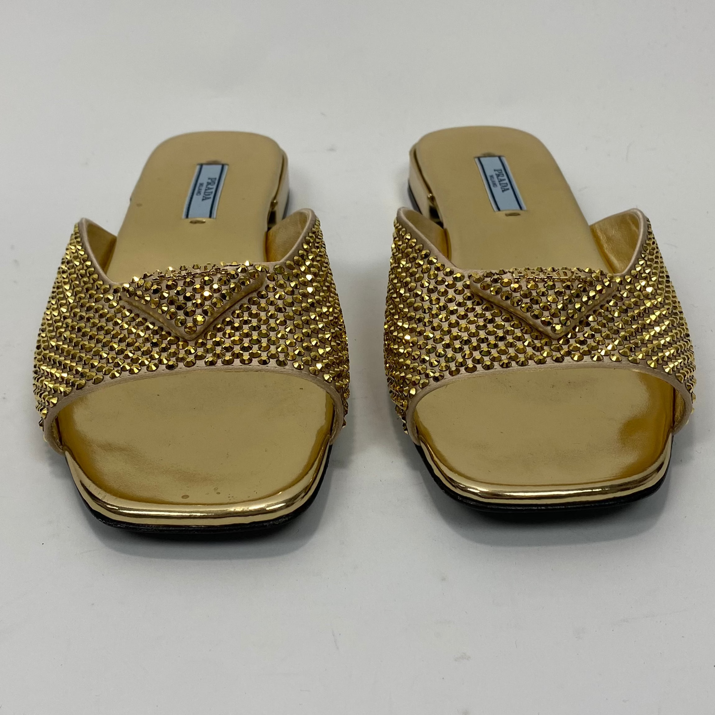 Prada New £1070 Gold Crystal Flat Sandals 38