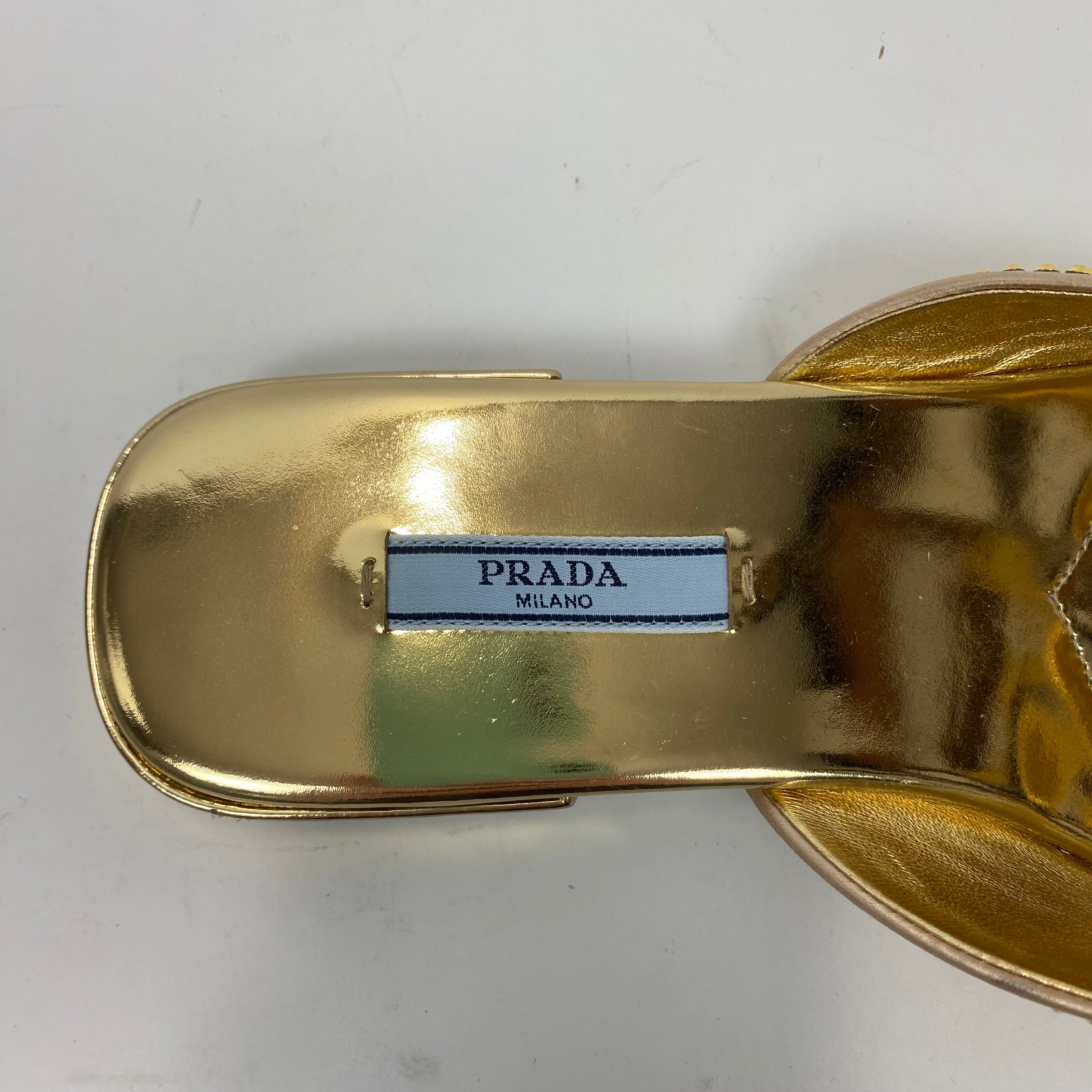 Prada New £1070 Gold Crystal Flat Sandals 38