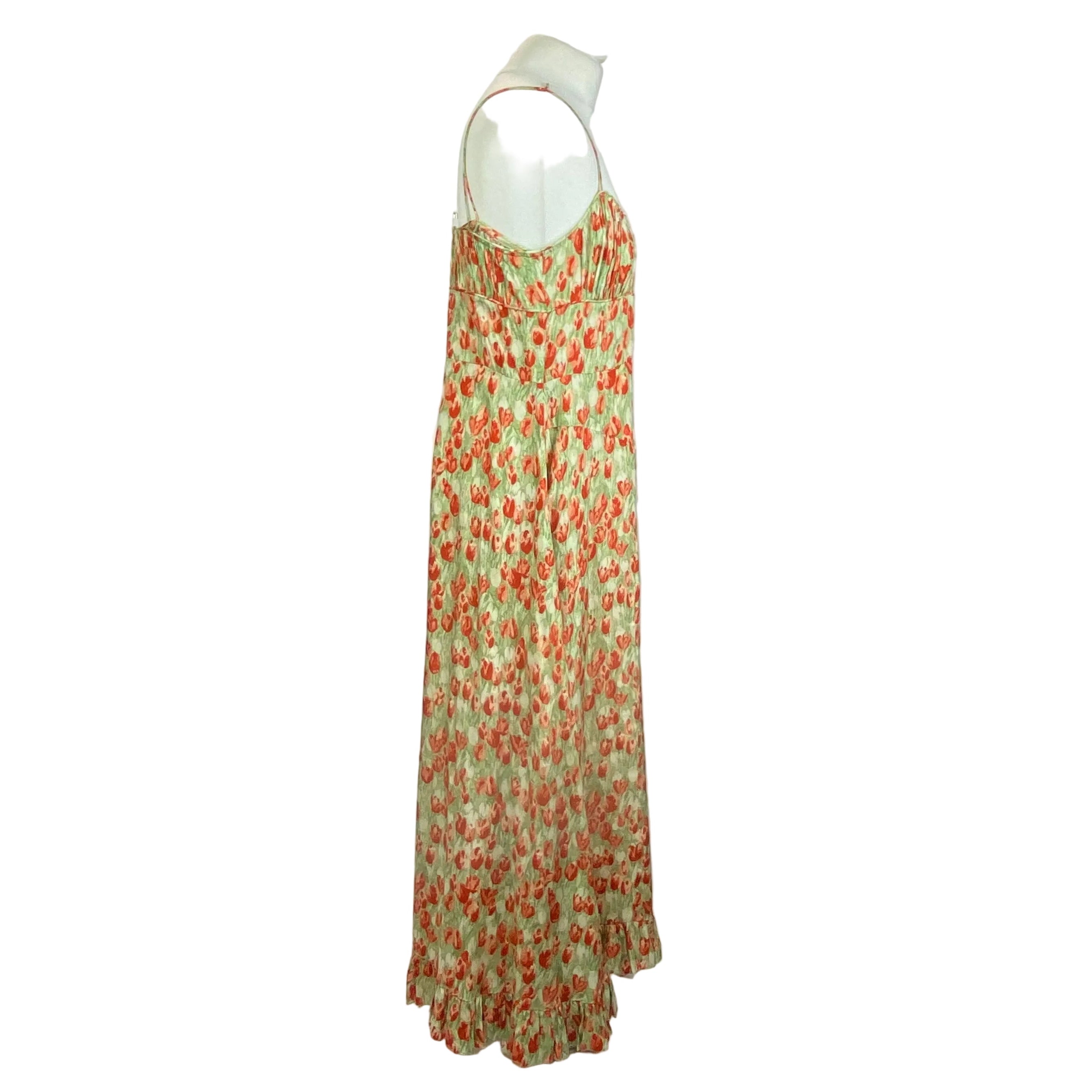 Doen £555 Green & Orange Tulip Print Satin Slip Dress XS