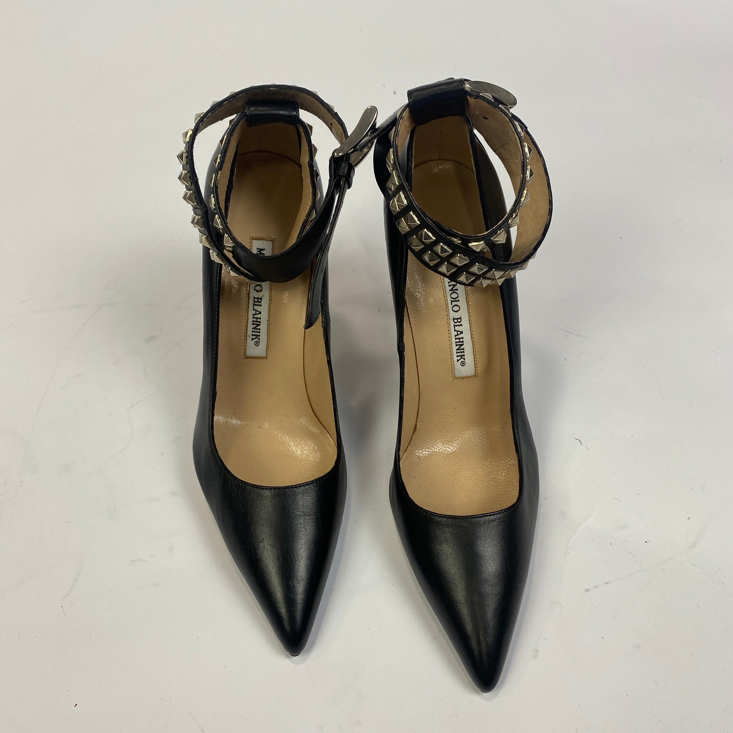 Manolo Blahnik Black Belta Studded Wrap 105mm Heels 37.5