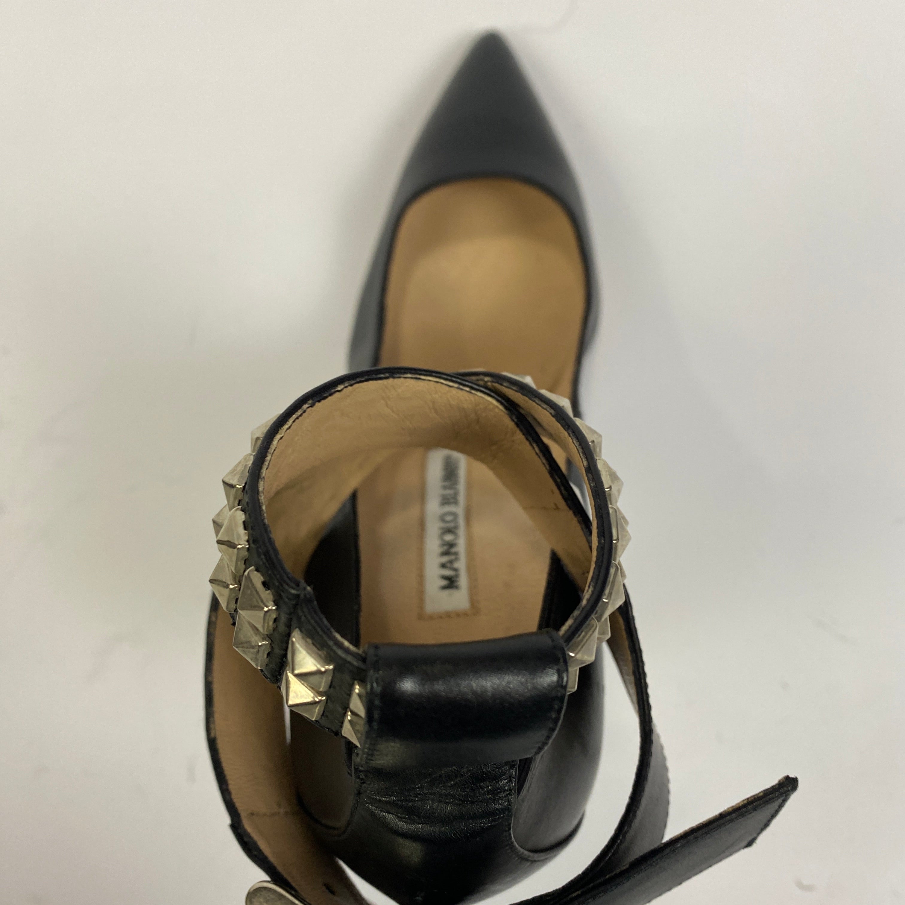 Manolo Blahnik Black Belta Studded Wrap 105mm Heels 37.5
