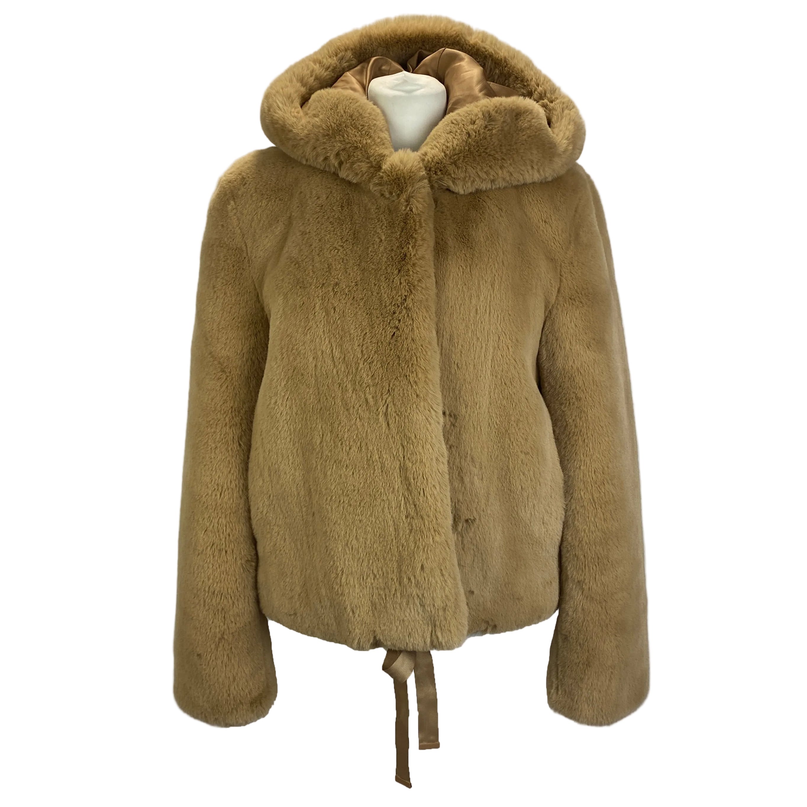 Sandro New £395 Camel Faux Fur Crop Hooded Mirage Jacket M