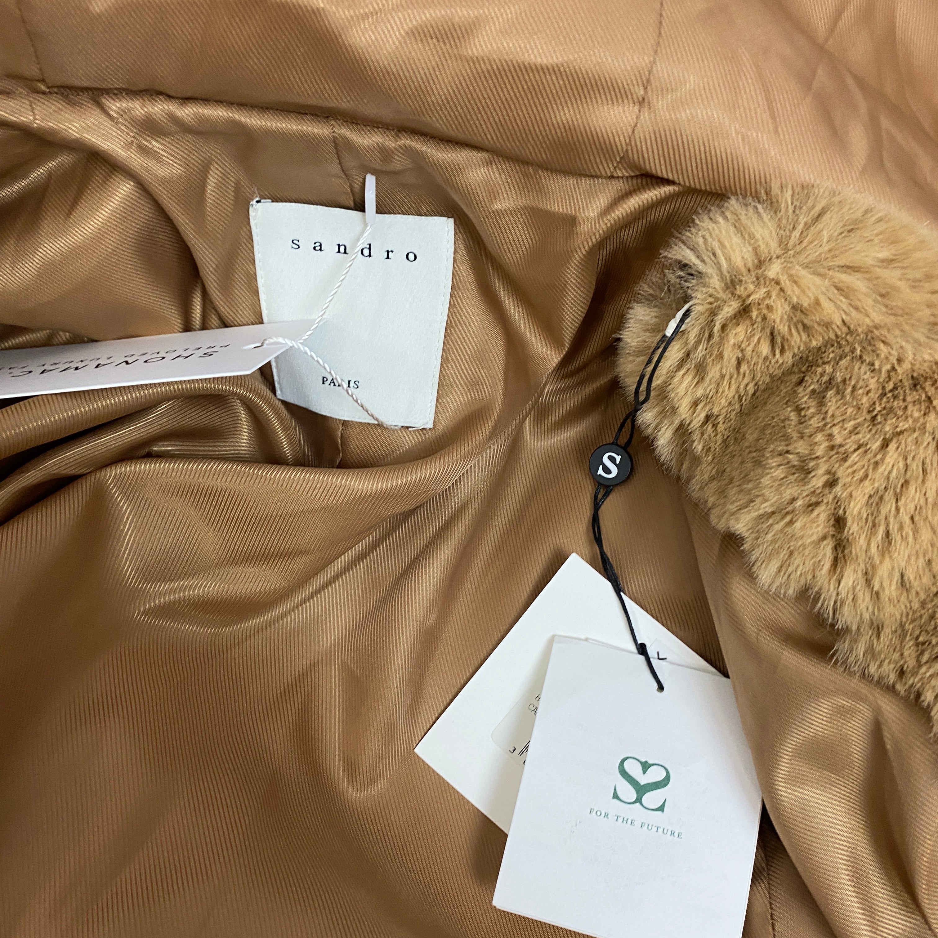 Sandro New £395 Camel Faux Fur Crop Hooded Mirage Jacket M