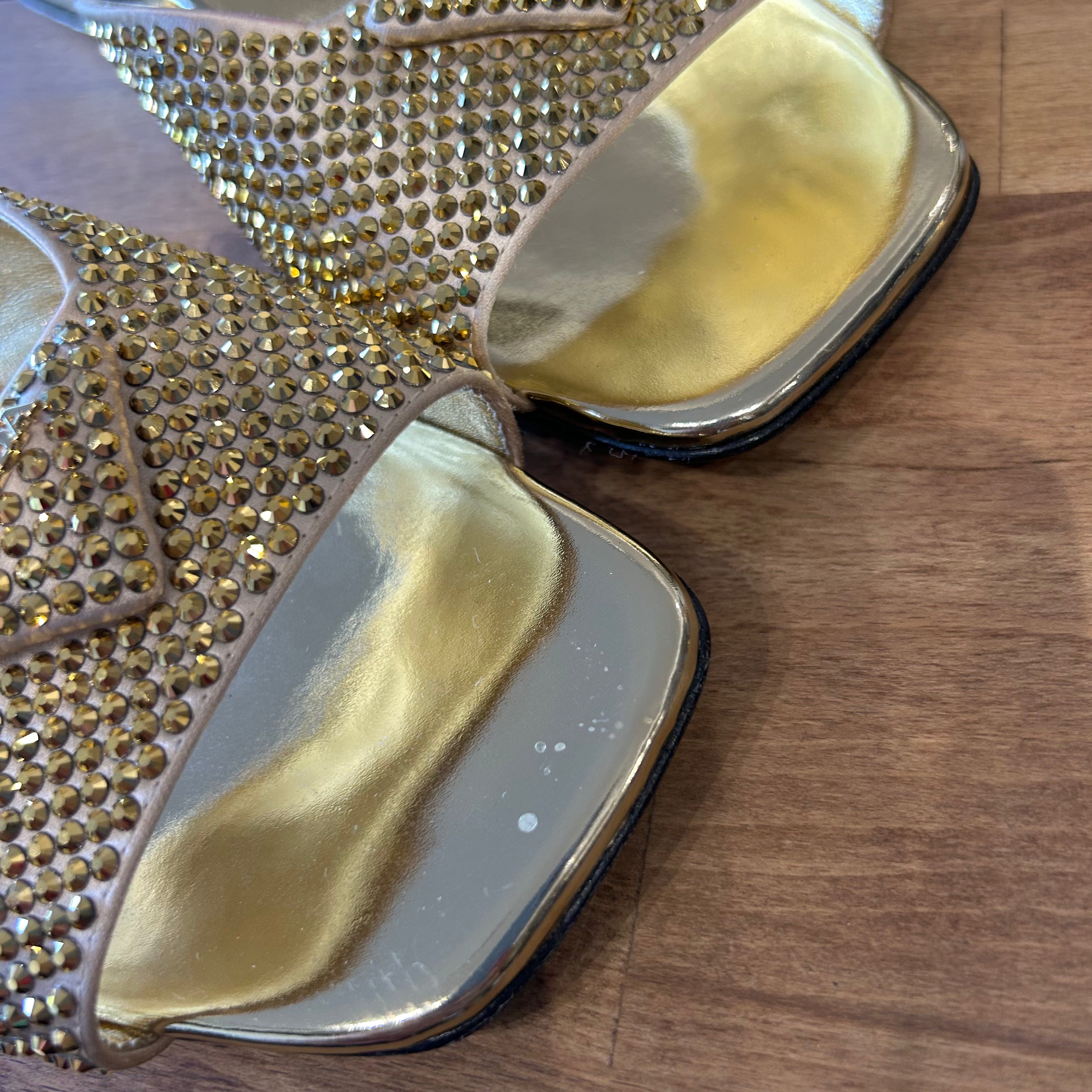 Prada New £1070 Gold Crystal Flat Sandals 38