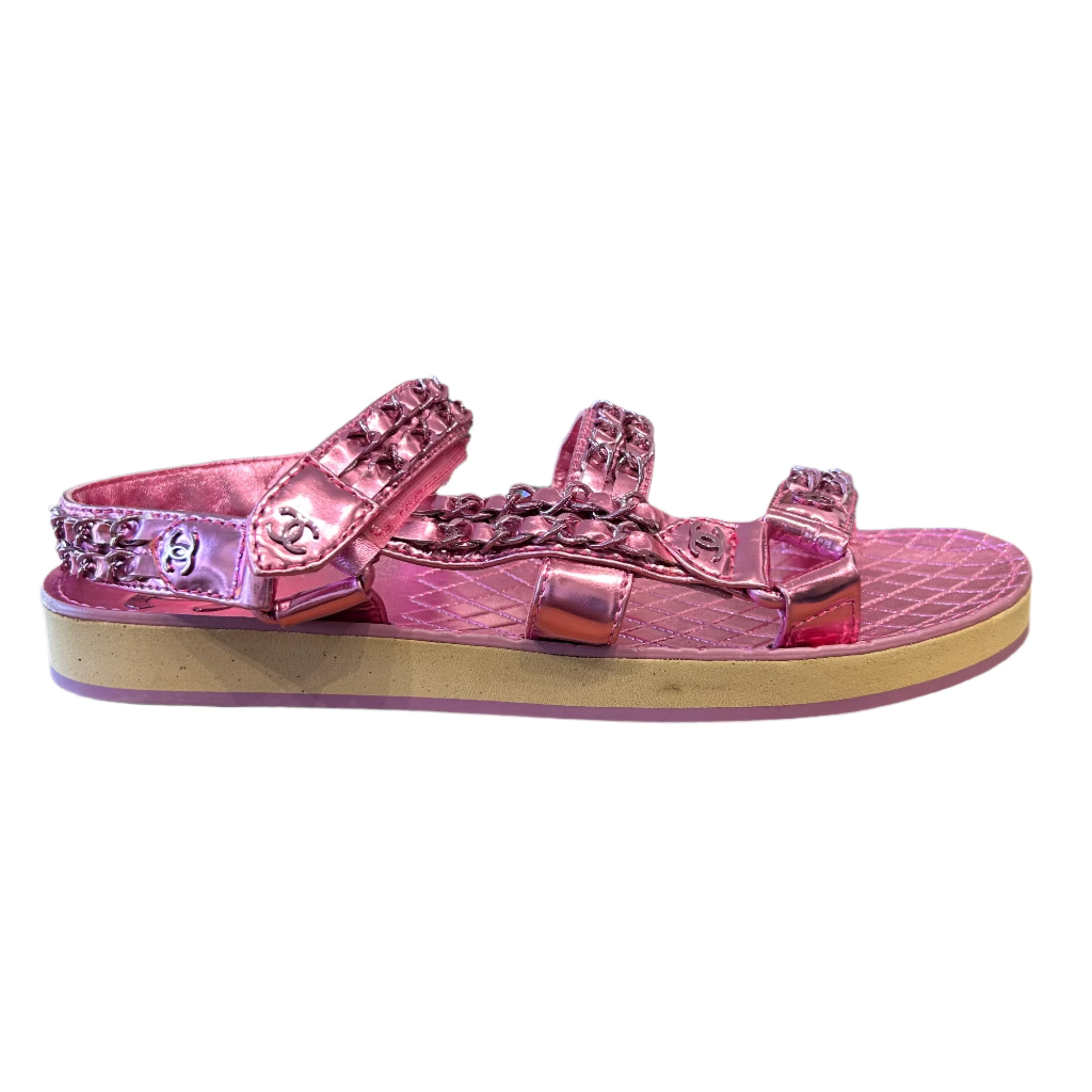 Chanel Pink Metallic Chain Detail Track Sandals 38.5