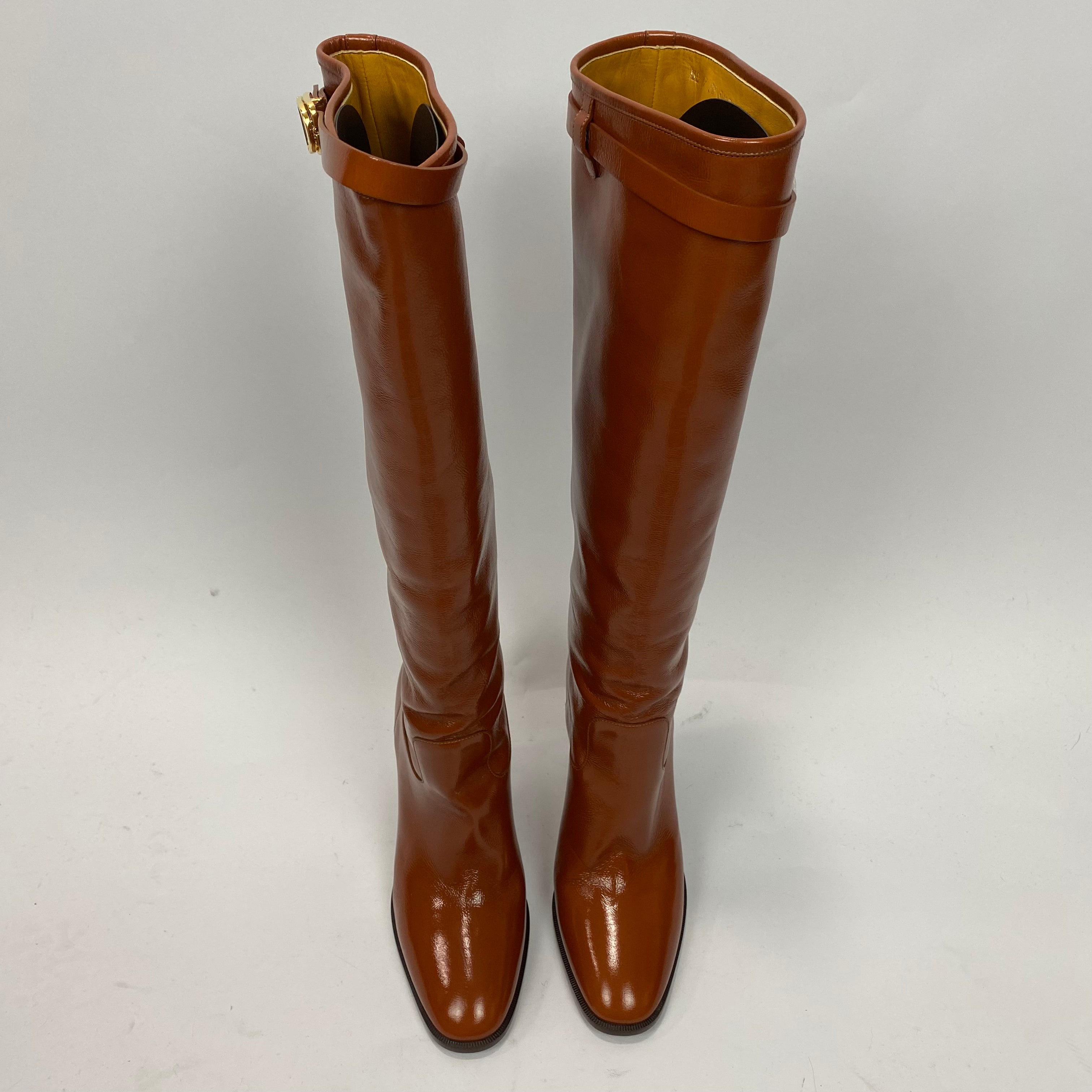 Dior Cinnamon Patent Empreinte Pull-On Knee Boots 38.5