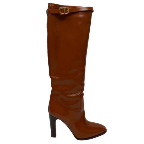 Dior Cinnamon Patent Empreinte Pull-On Knee Boots 38.5