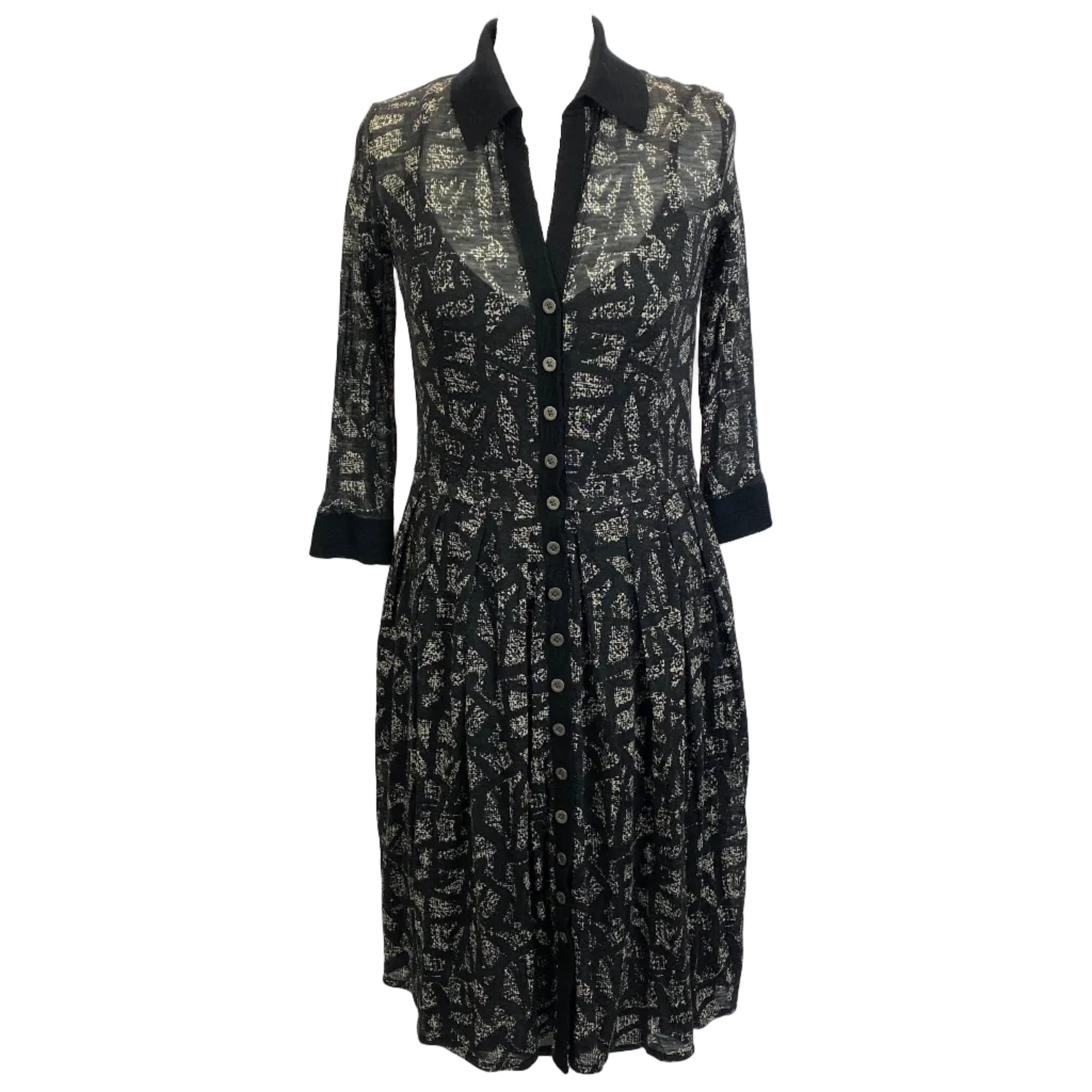 Samantha Sung Black & Ecru Print Wool & Silk Shirt Dress S