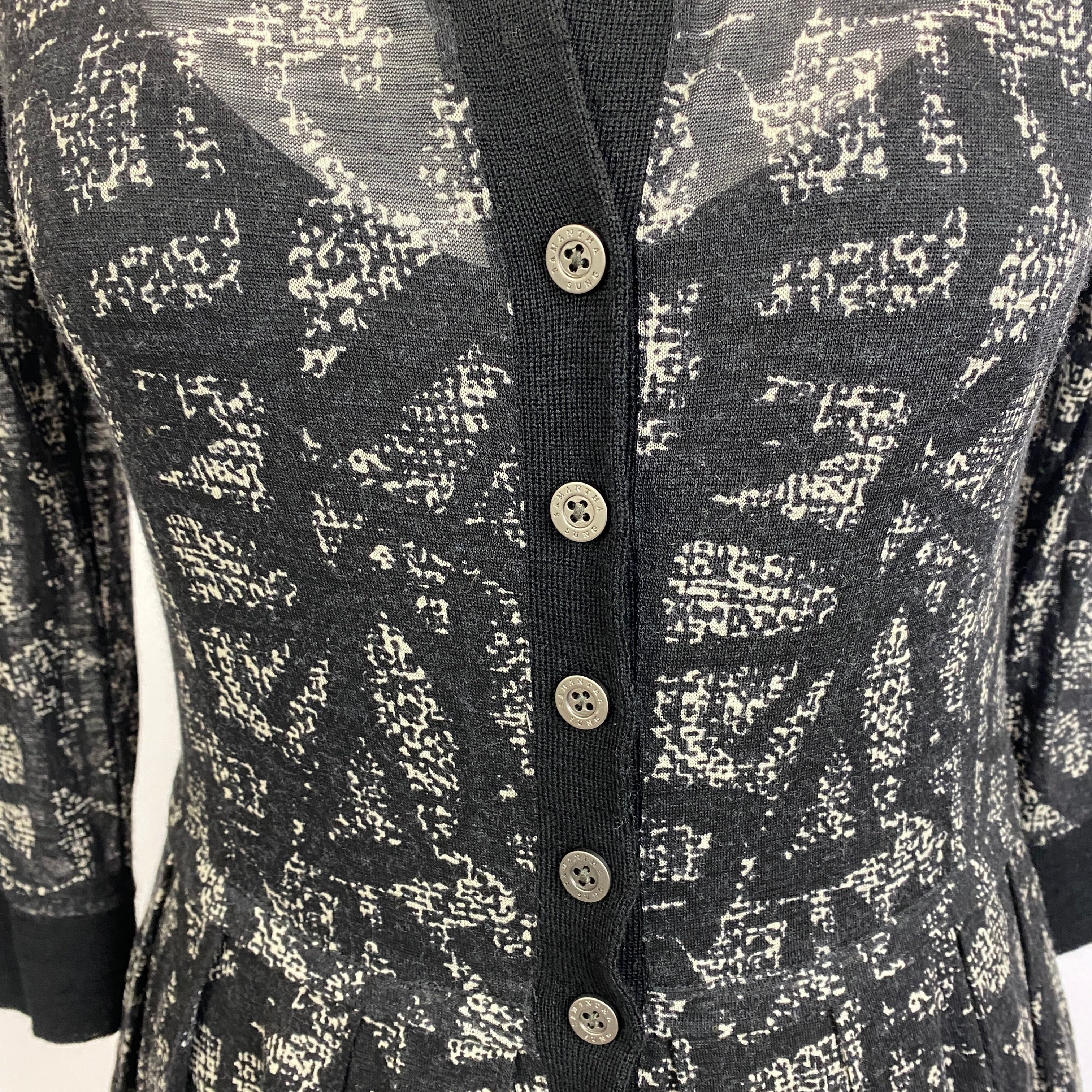 Samantha Sung Black & Ecru Print Wool & Silk Shirt Dress S