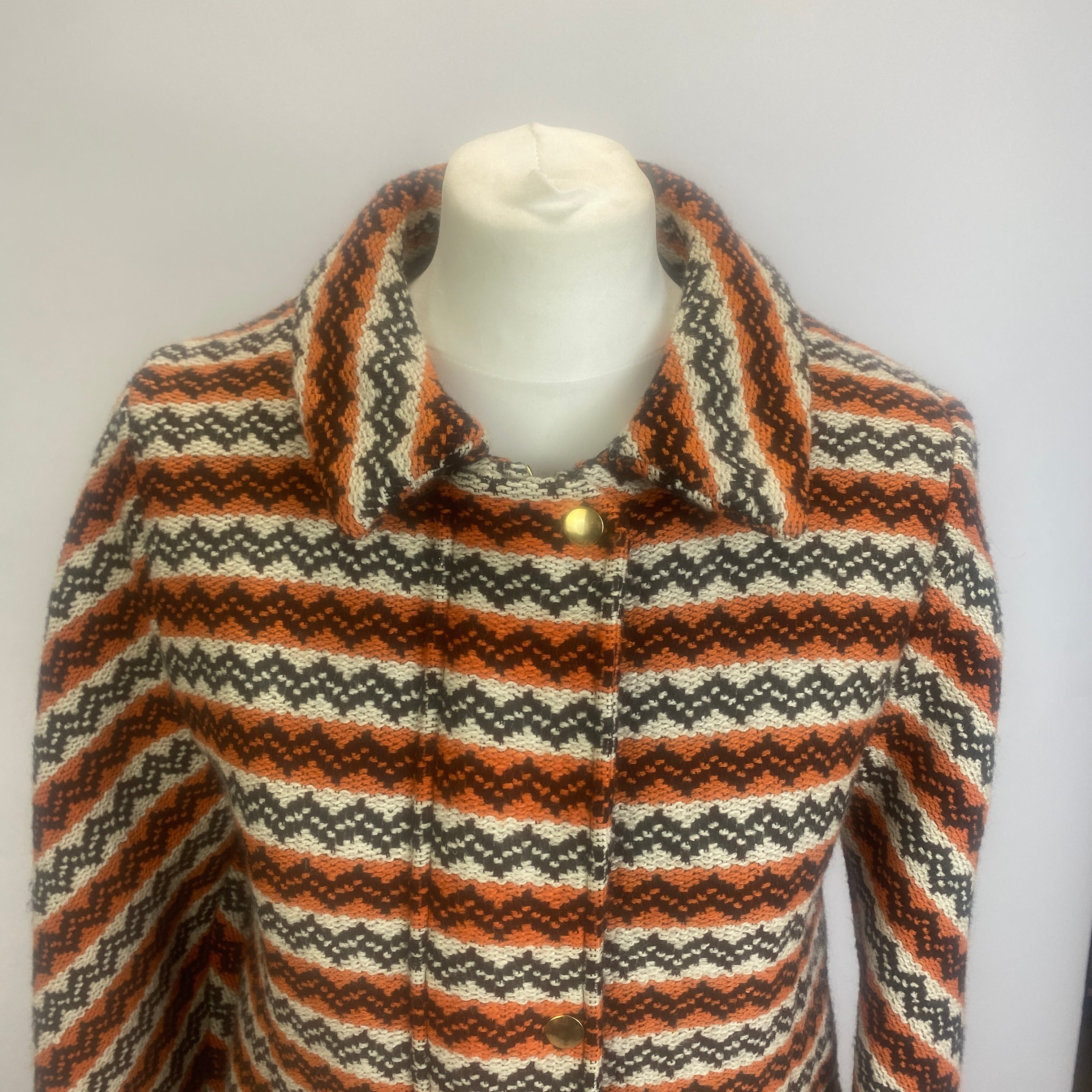Marni Orange & Ecru Zigzag Jacquard Wool Mix Coat M