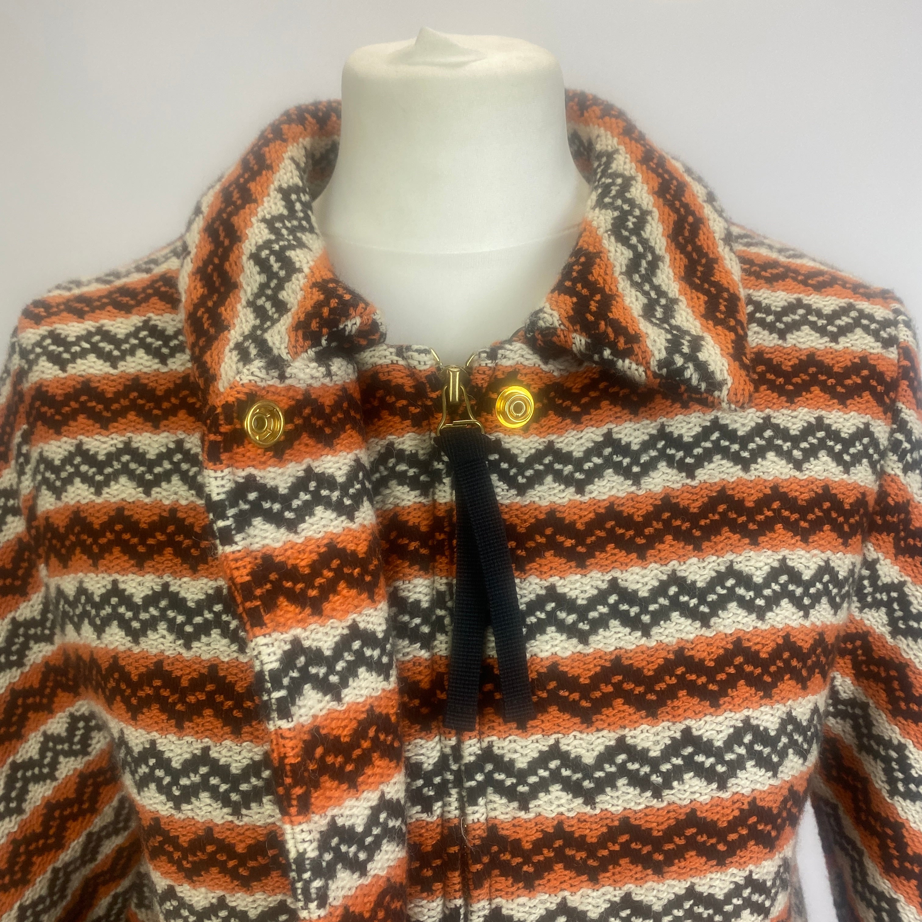 Marni Orange & Ecru Zigzag Jacquard Wool Mix Coat M