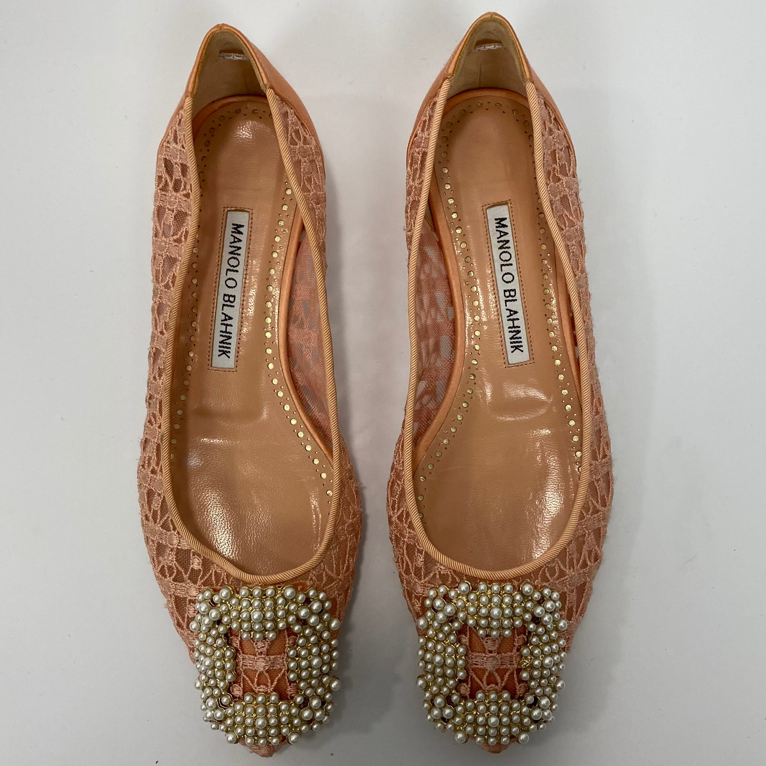 Manolo Blahnik £1035 Pink Lace & Pearl Hangisi Flats 35.5