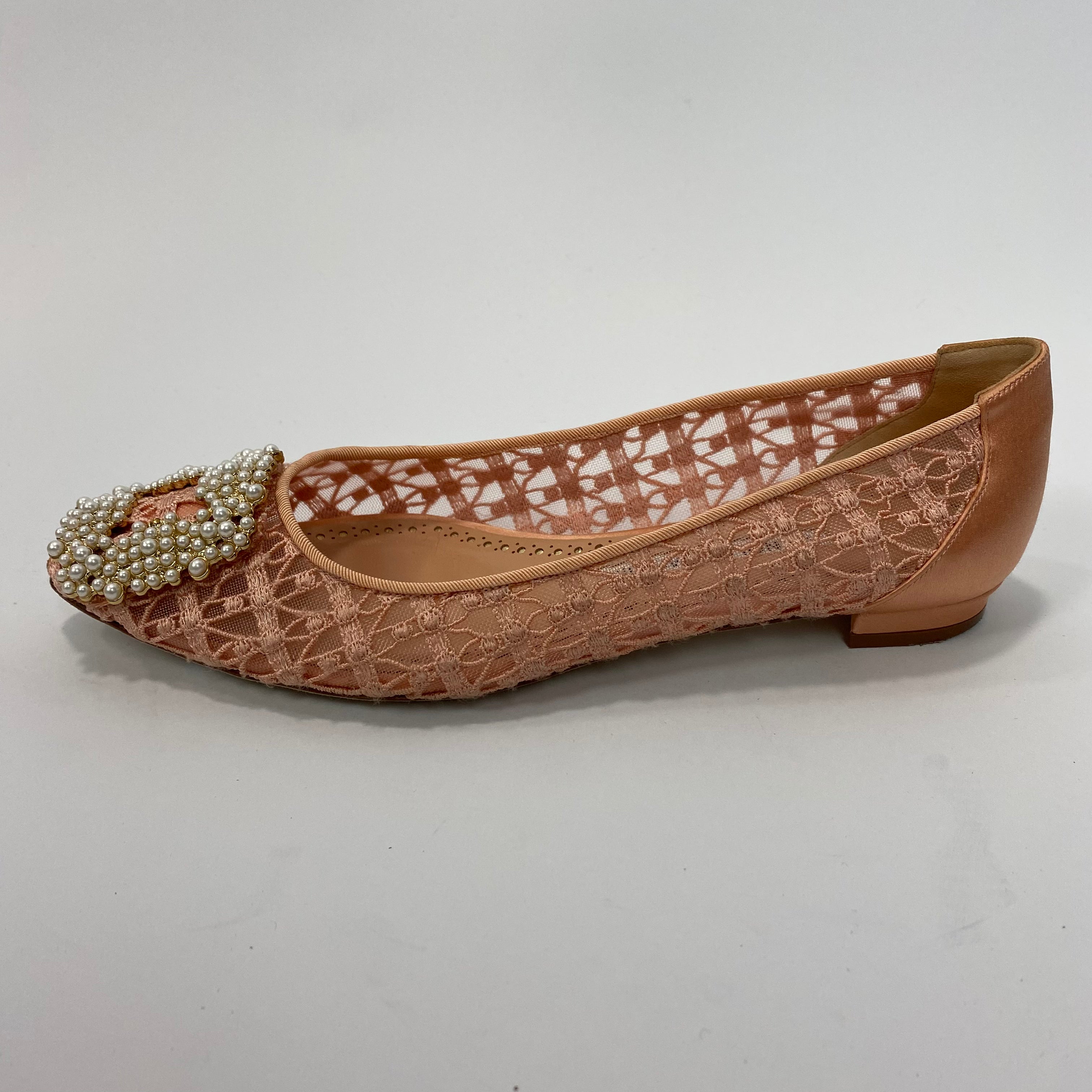 Manolo Blahnik £1035 Pink Lace & Pearl Hangisi Flats 35.5