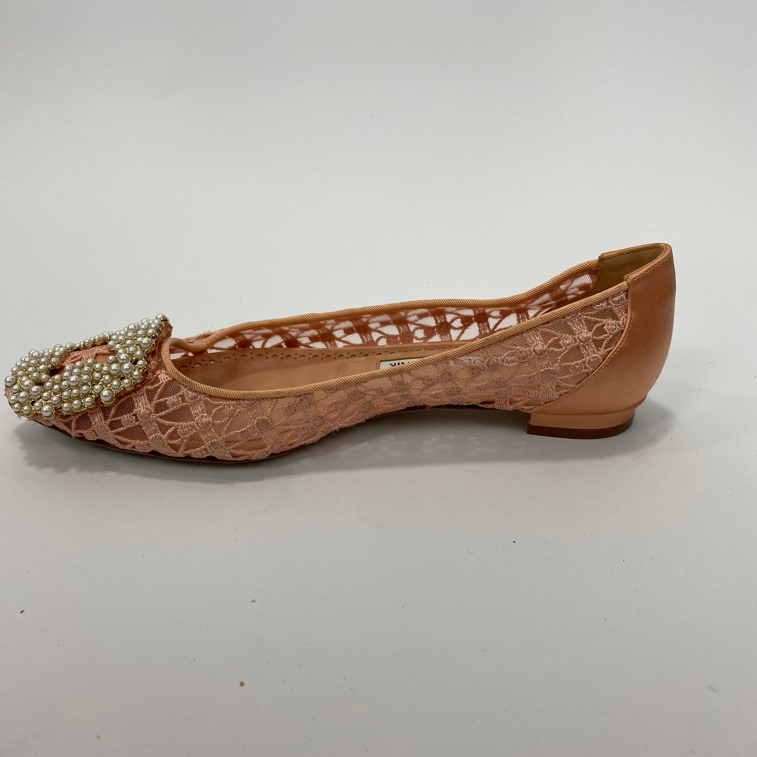 Manolo Blahnik £1035 Pink Lace & Pearl Hangisi Flats 35.5