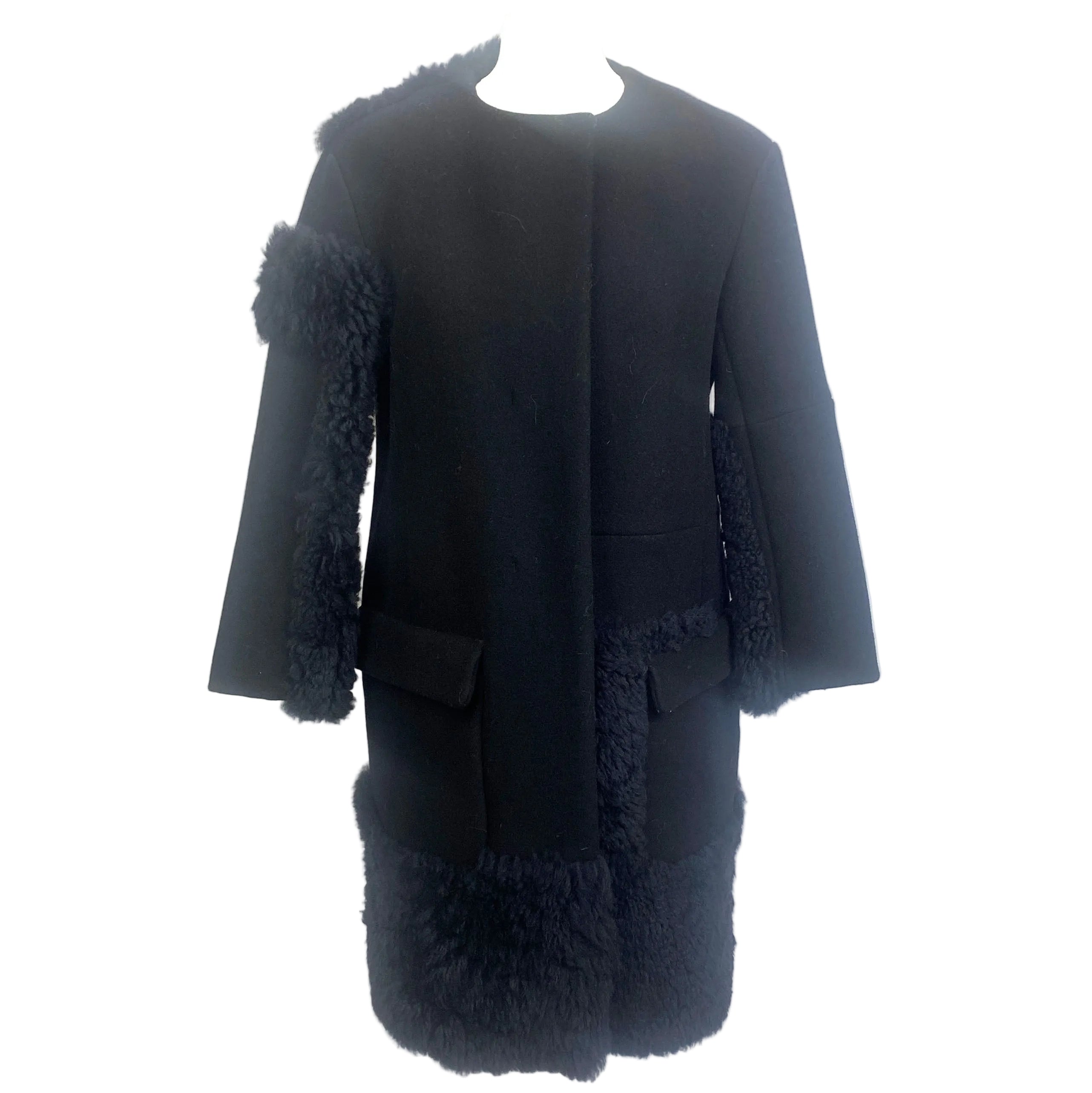 Jil Sander Navy Shearling & Wool Collarless Coat S