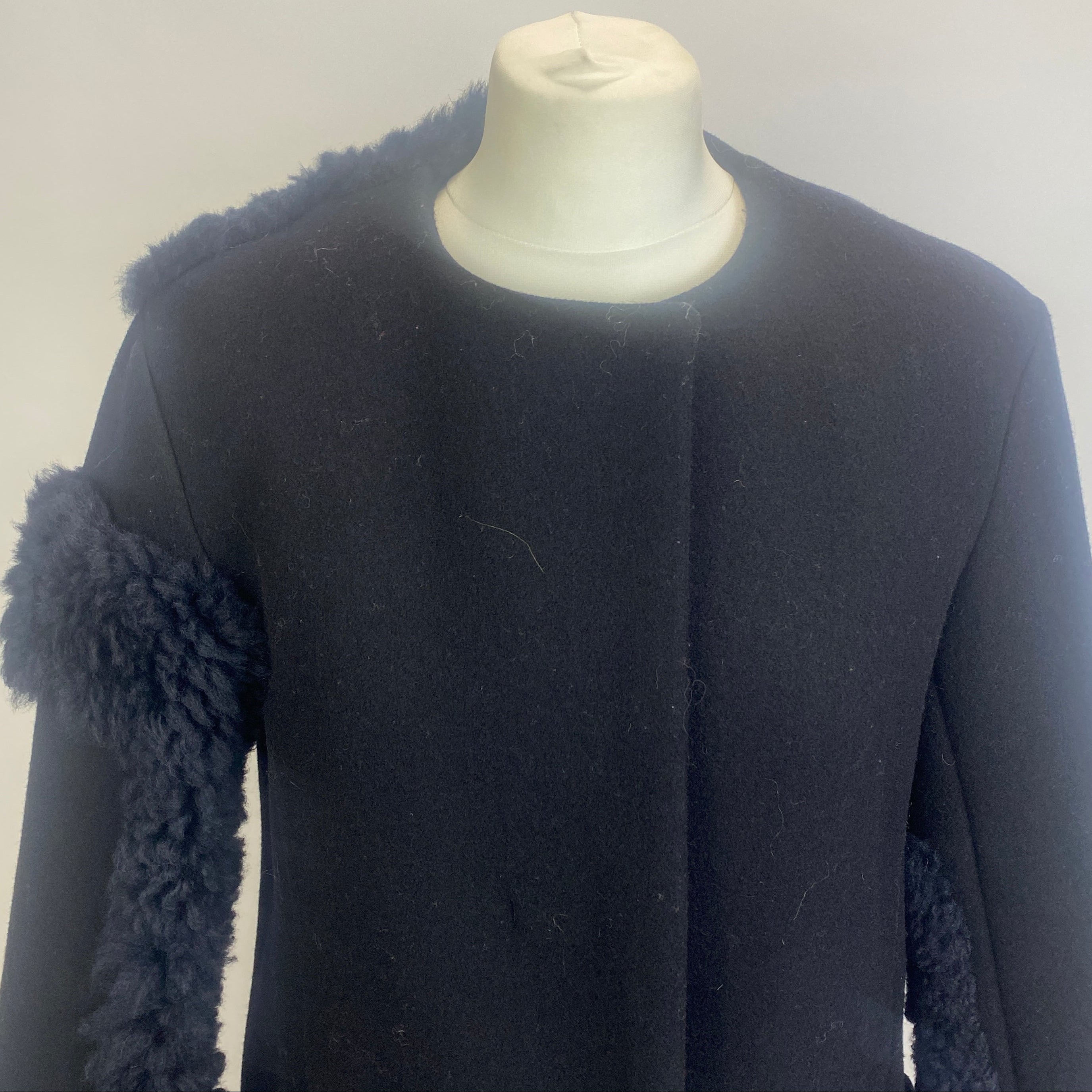 Jil Sander Navy Shearling & Wool Collarless Coat S