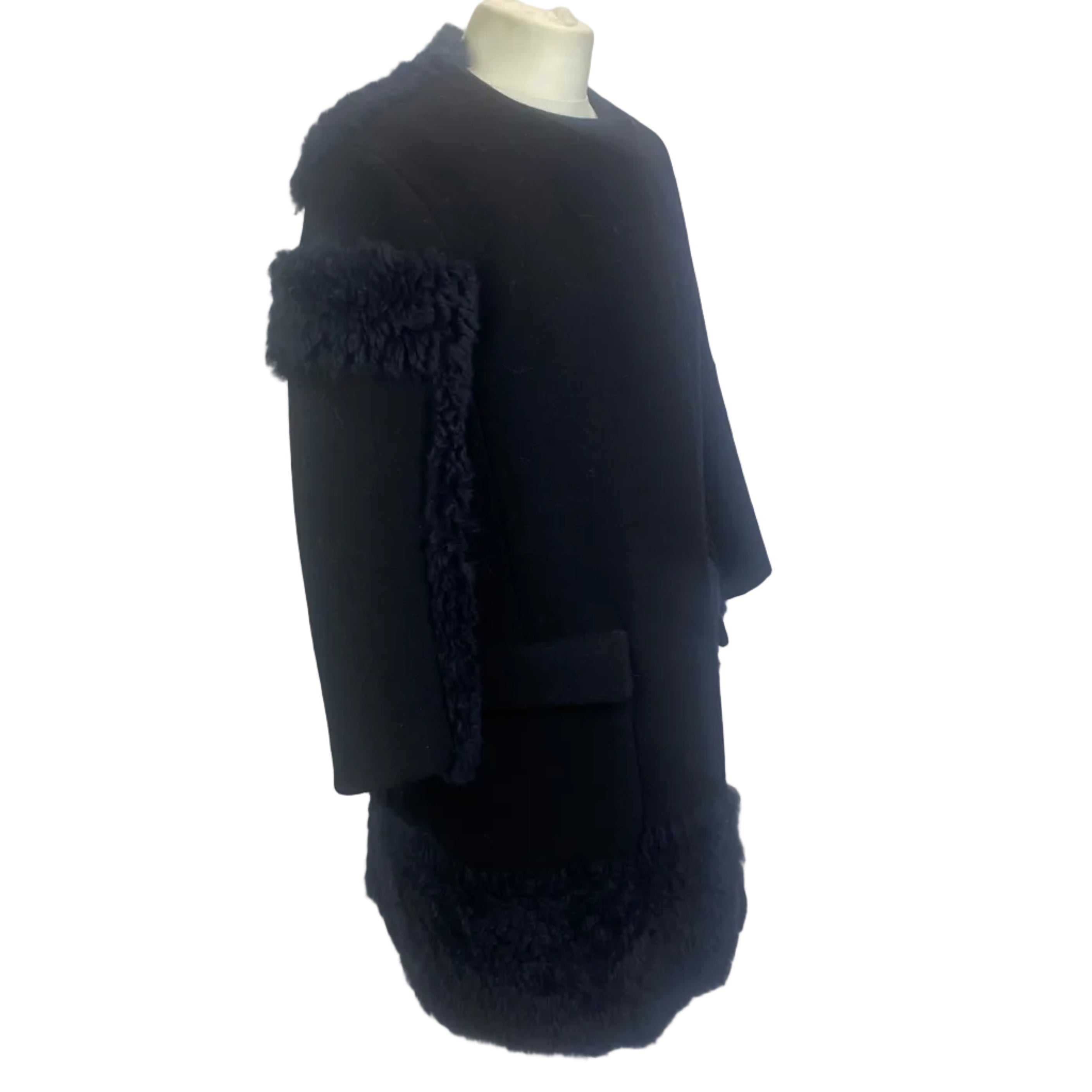 Jil Sander Navy Shearling & Wool Collarless Coat S