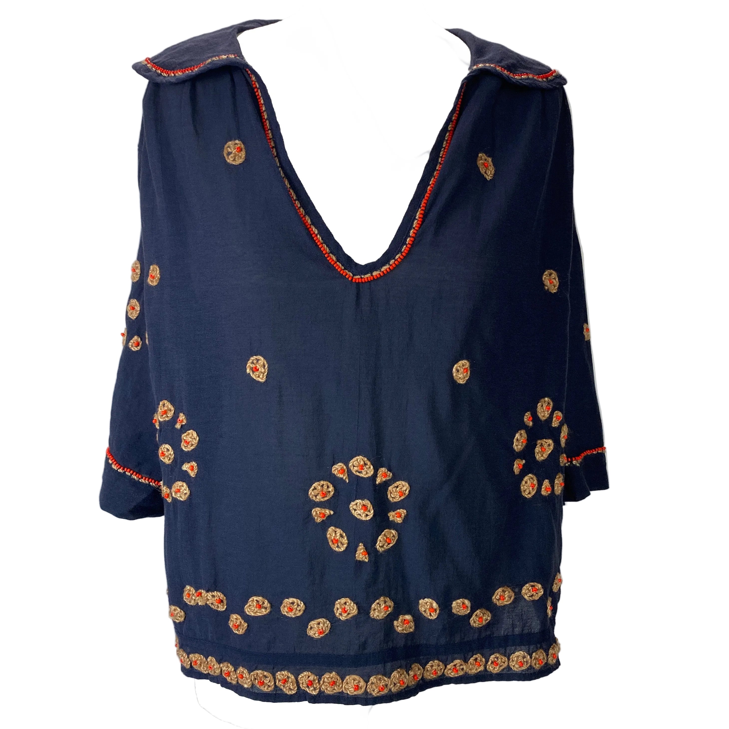 The Great Navy Beaded Oversized Collared Blouse S/M/L