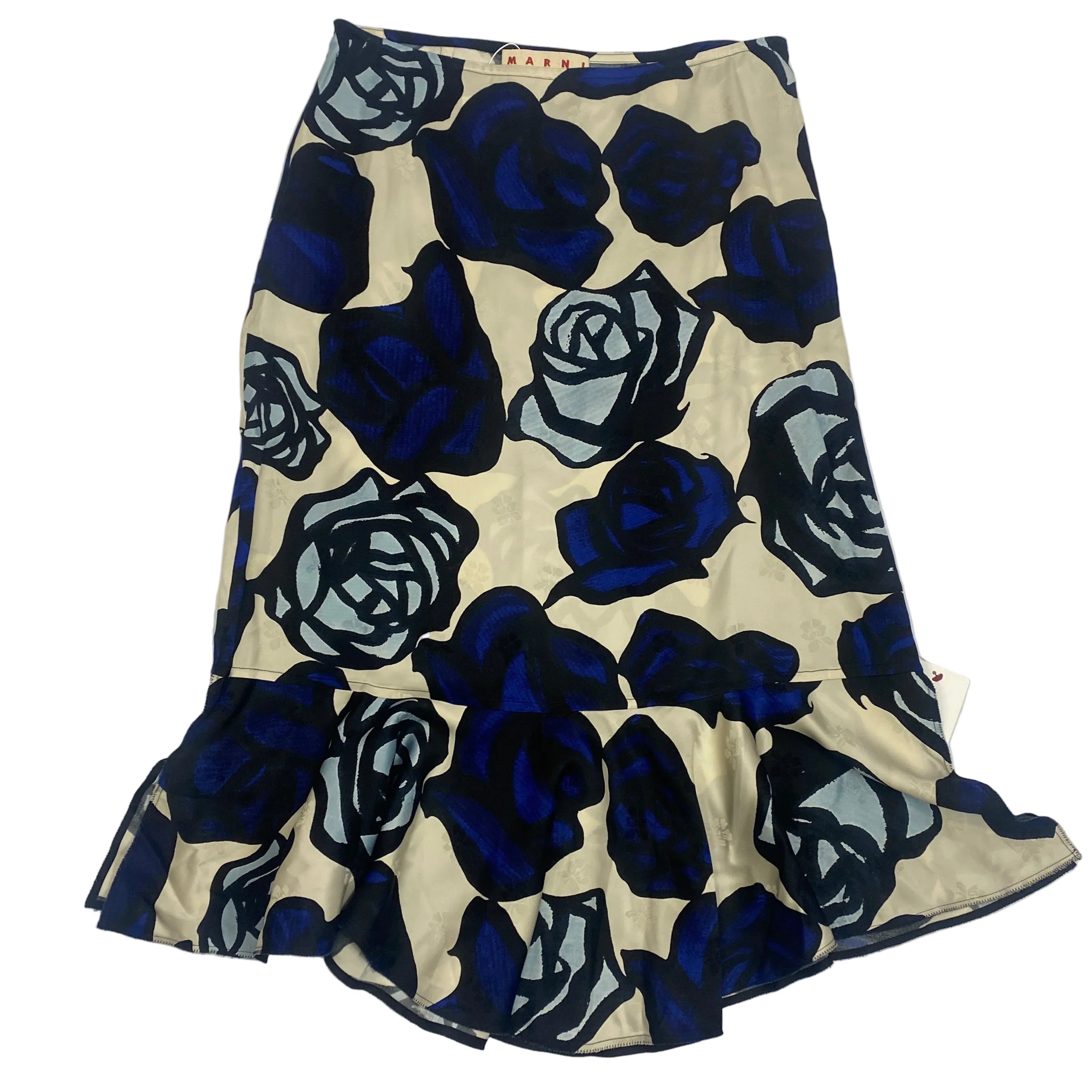 Marni New Cream & Navy Rose Print Satin Midi Skirt M