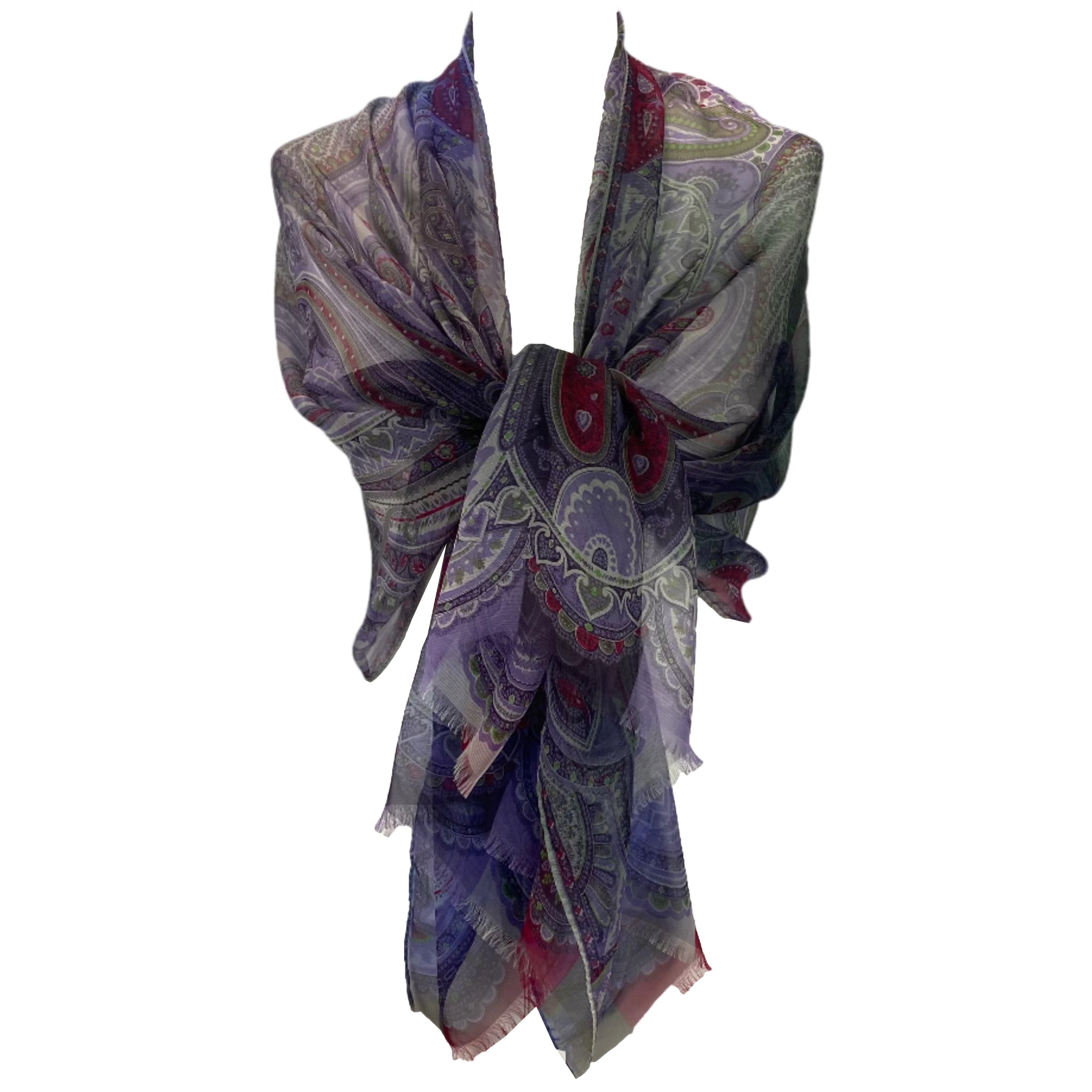 Etro New Silk Chiffon Lilac Paisley Fringed Scarf