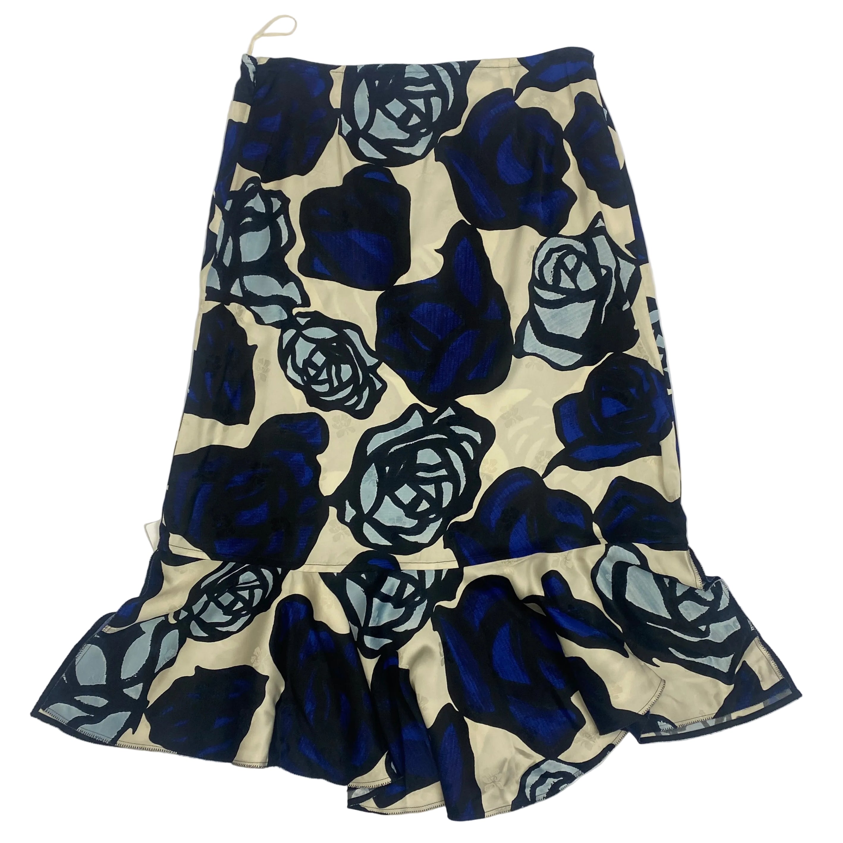 Marni New Cream & Navy Rose Print Satin Midi Skirt M
