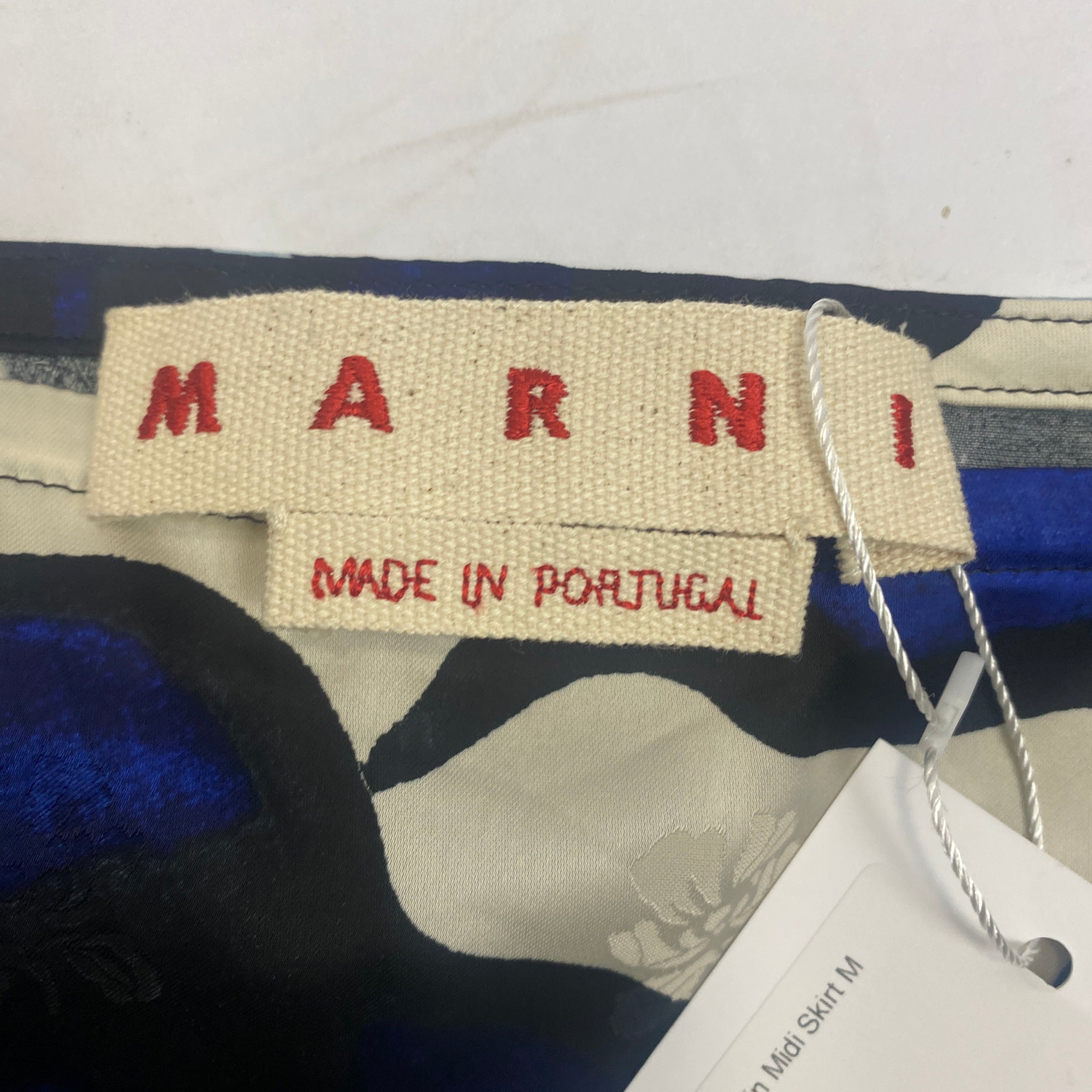 Marni New Cream & Navy Rose Print Satin Midi Skirt M
