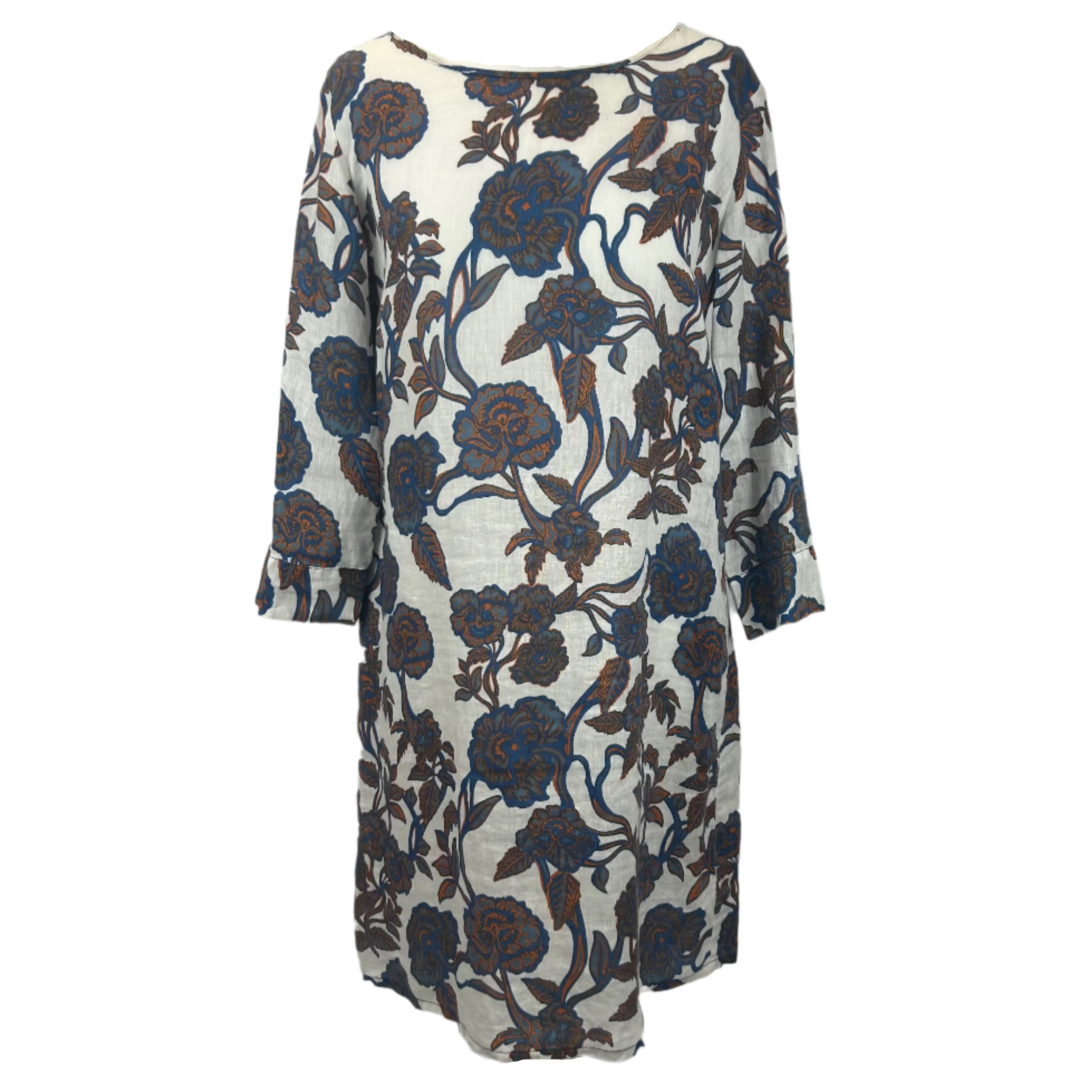 120% Lino White Blue & Tan Floral Linen Shift Dress M