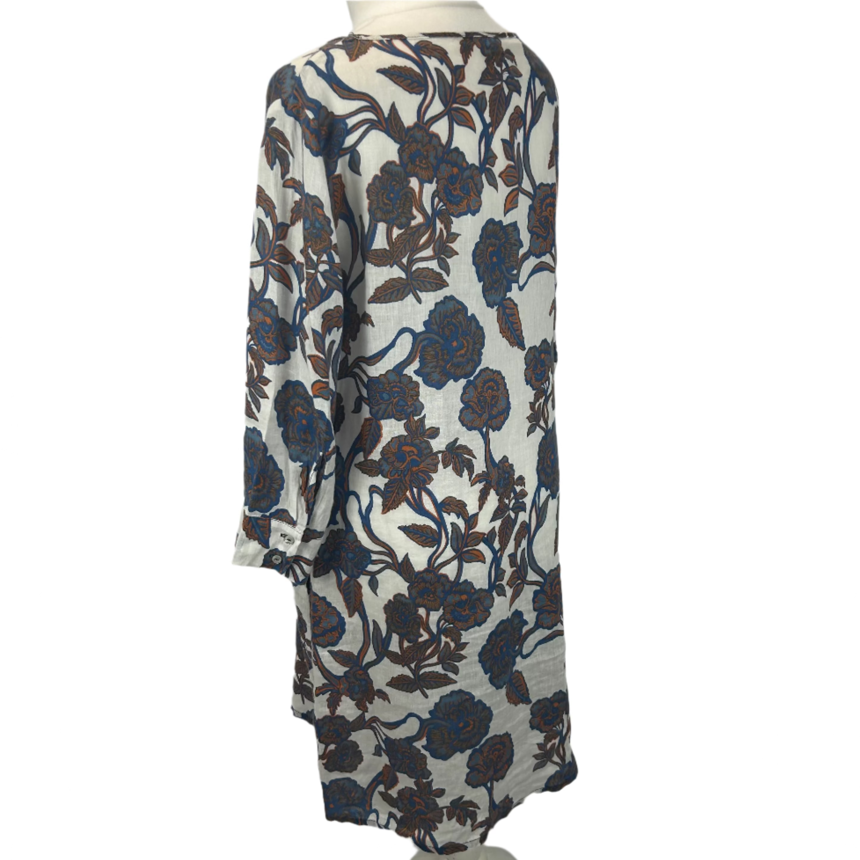 120% Lino White Blue & Tan Floral Linen Shift Dress M