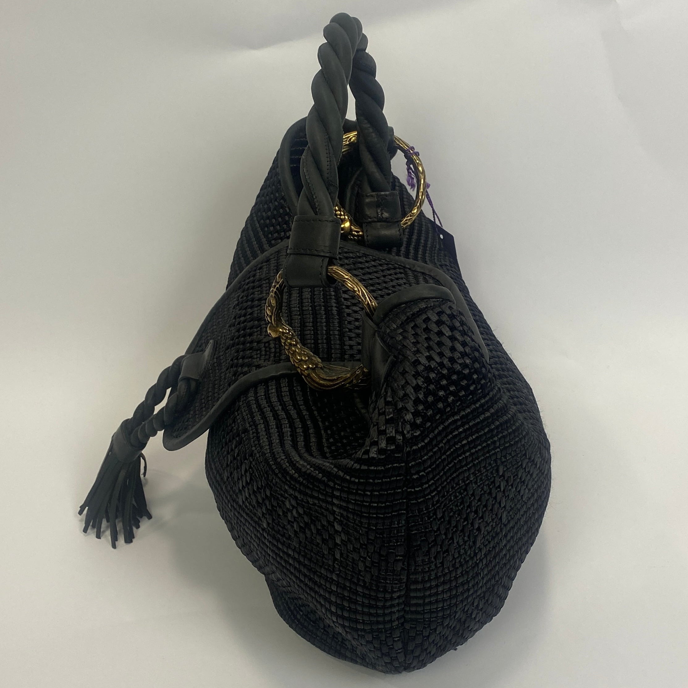Liberty New Black Woven Raffia & Leather Shoulderbag