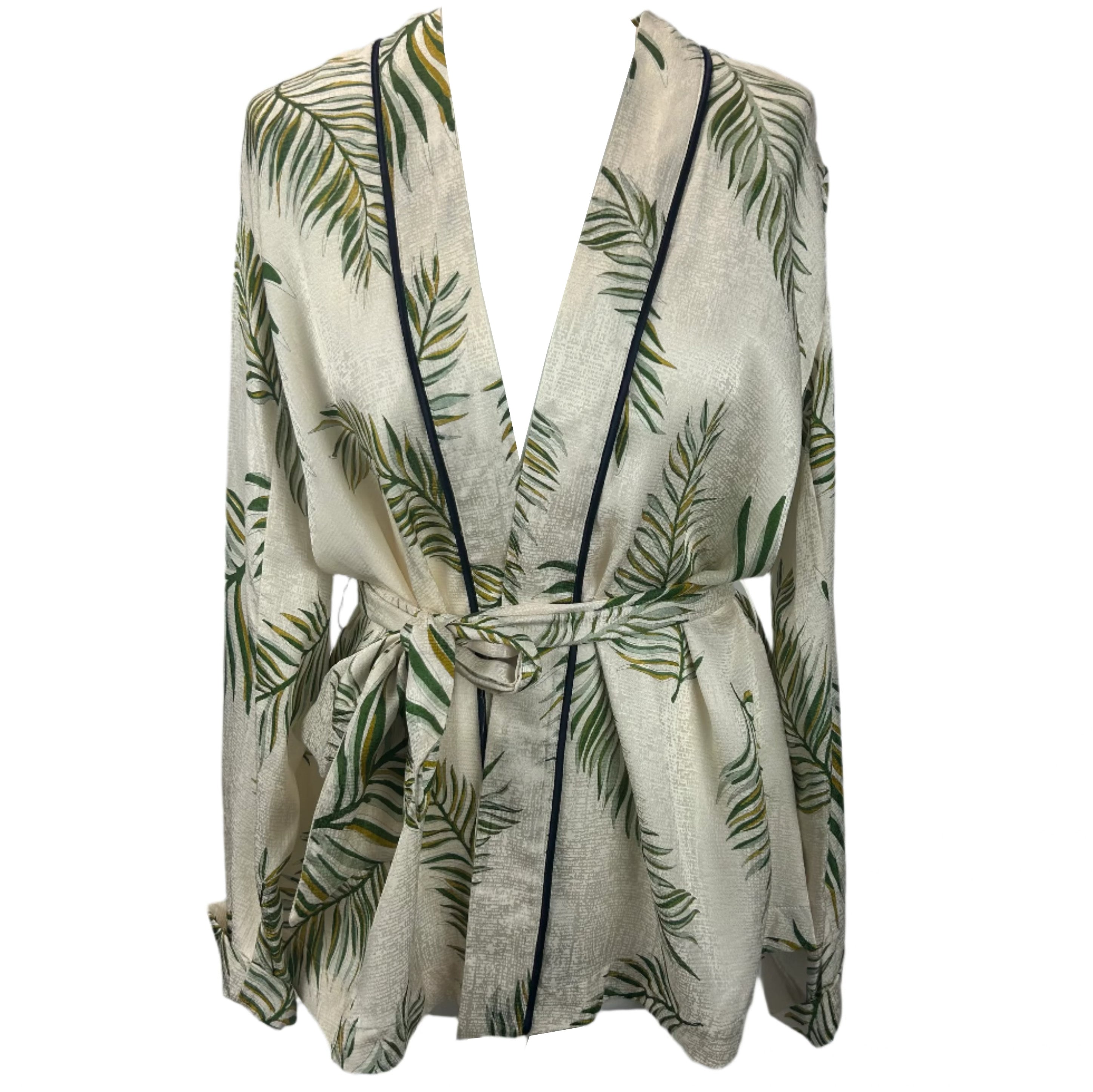Forte Forte Ivory Leaf Print Silk Belted Kimono Jacket S