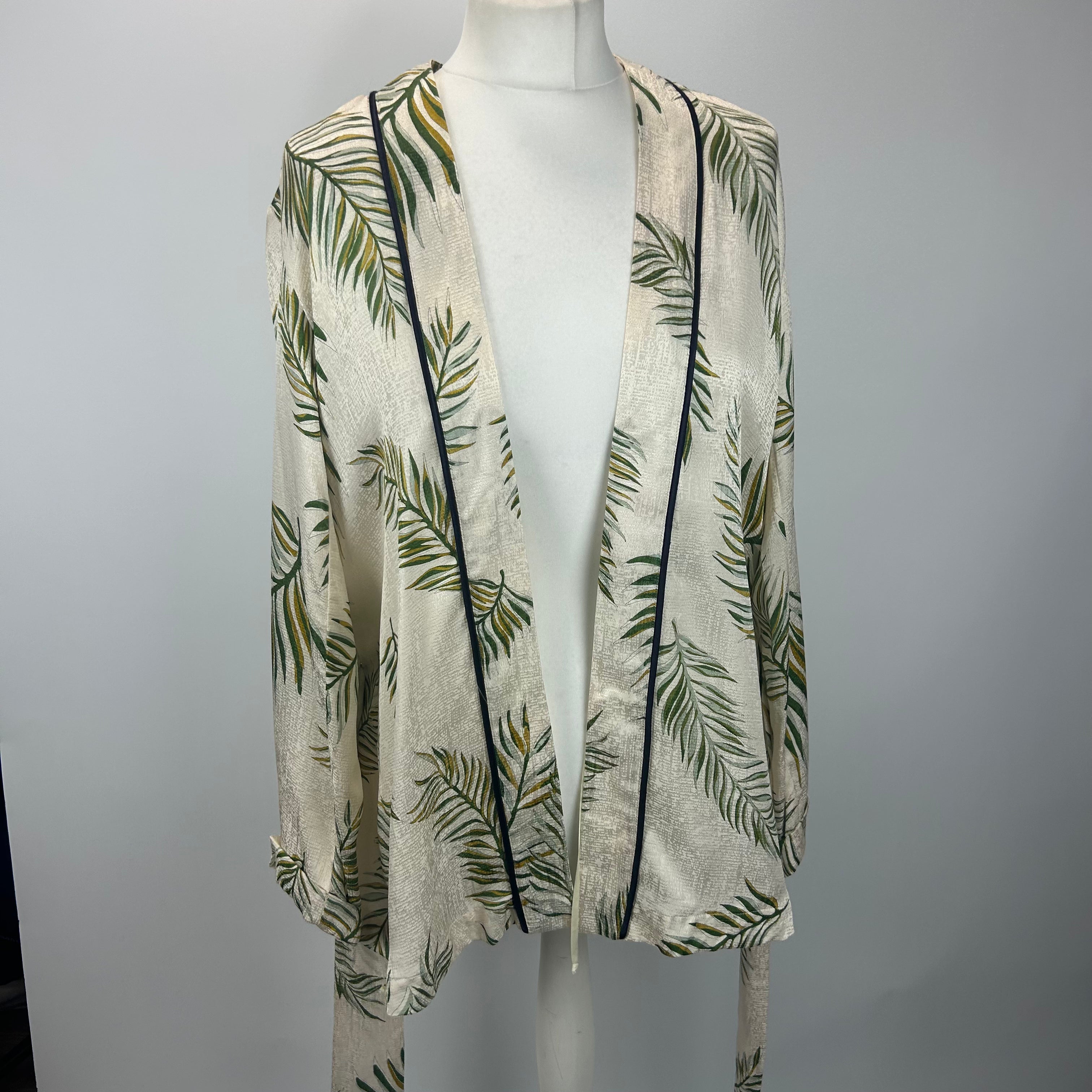 Forte Forte Ivory Leaf Print Silk Belted Kimono Jacket S