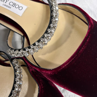 Jimmy Choo £986 Merlot Velvet & Crystal Jill 30 Slingbacks 40.5