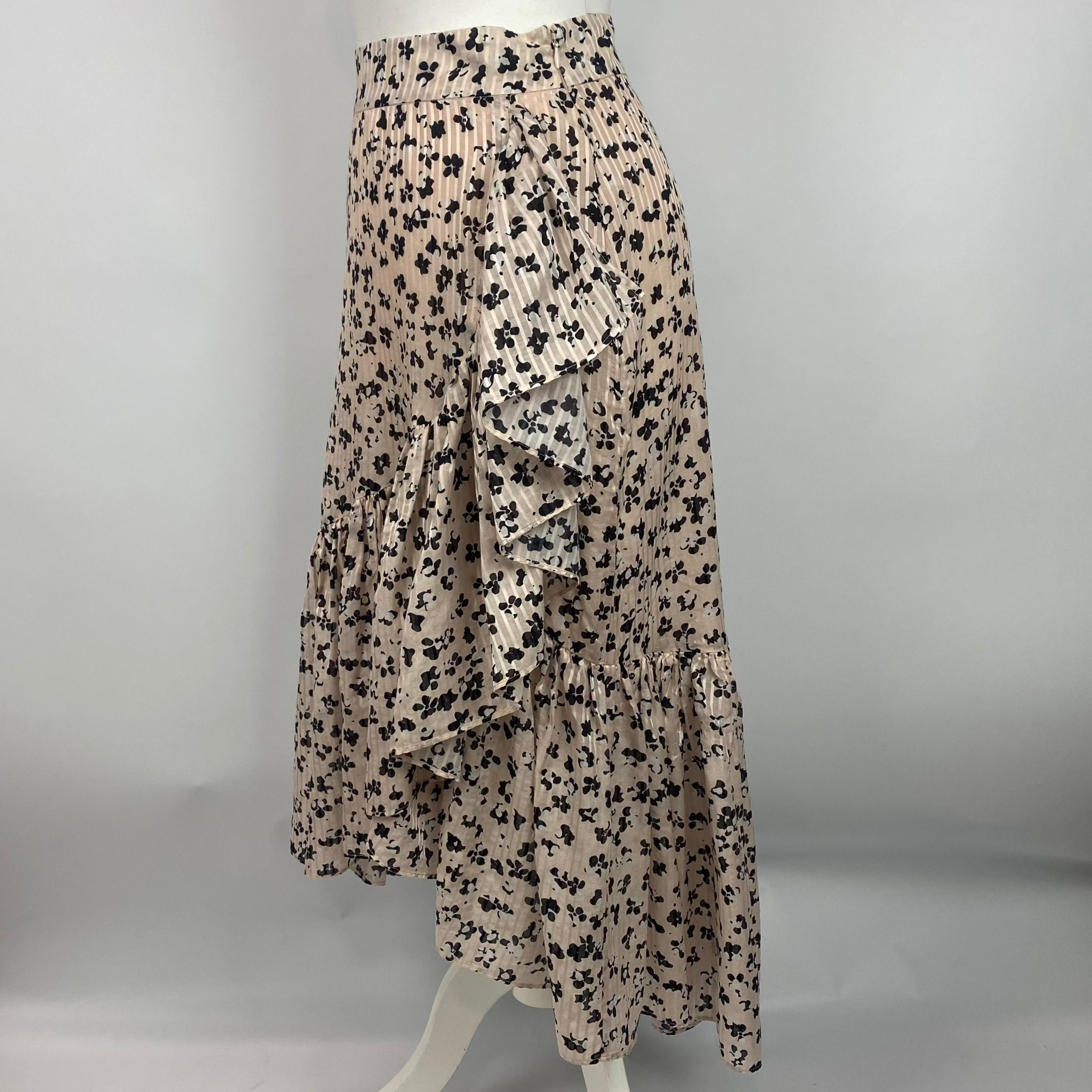 Ulla Johnson Nude & Black Floral Silk & Cotton Midi Skirt XS
