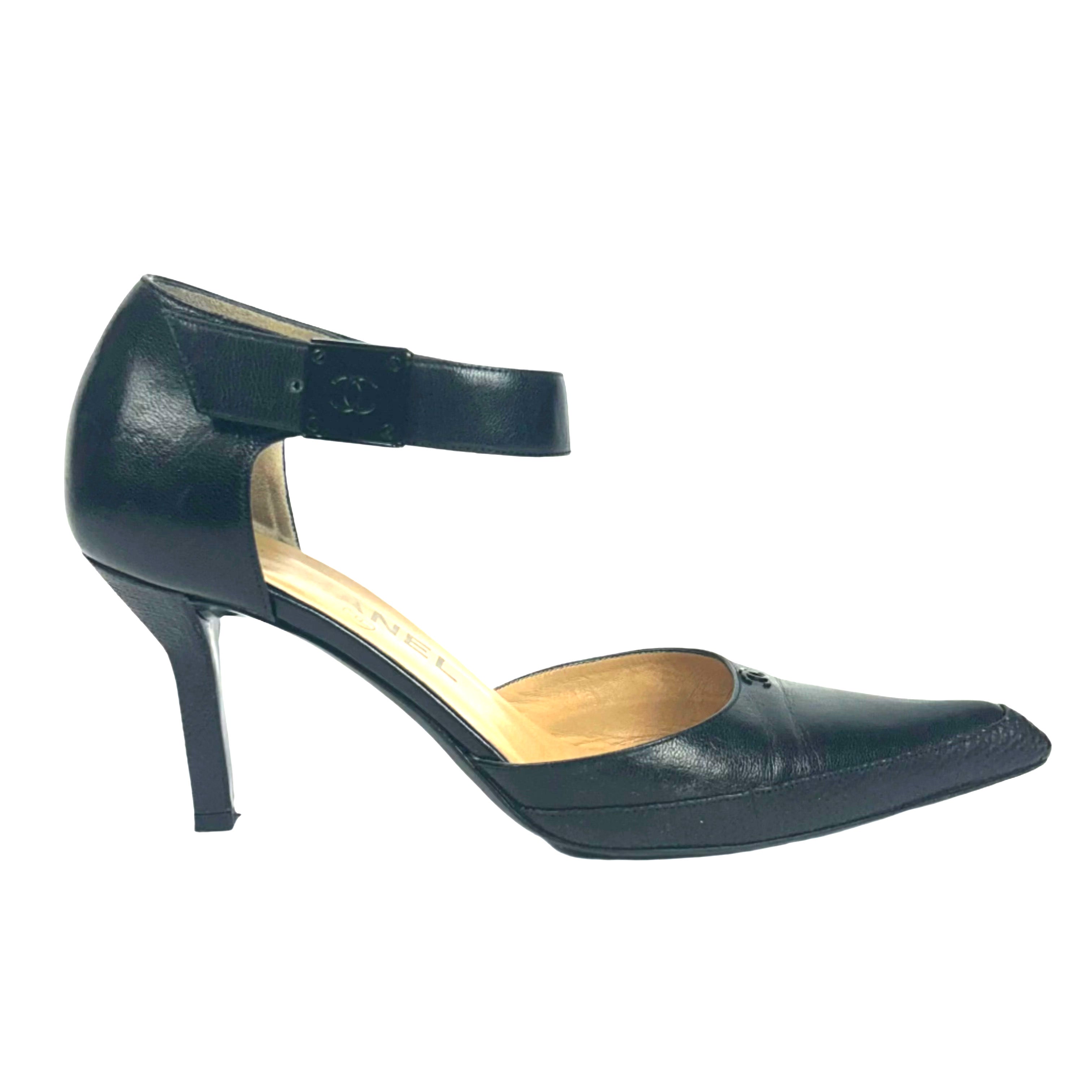 Chanel Black Calf & Lizard Ankle Clip Heels 36.5