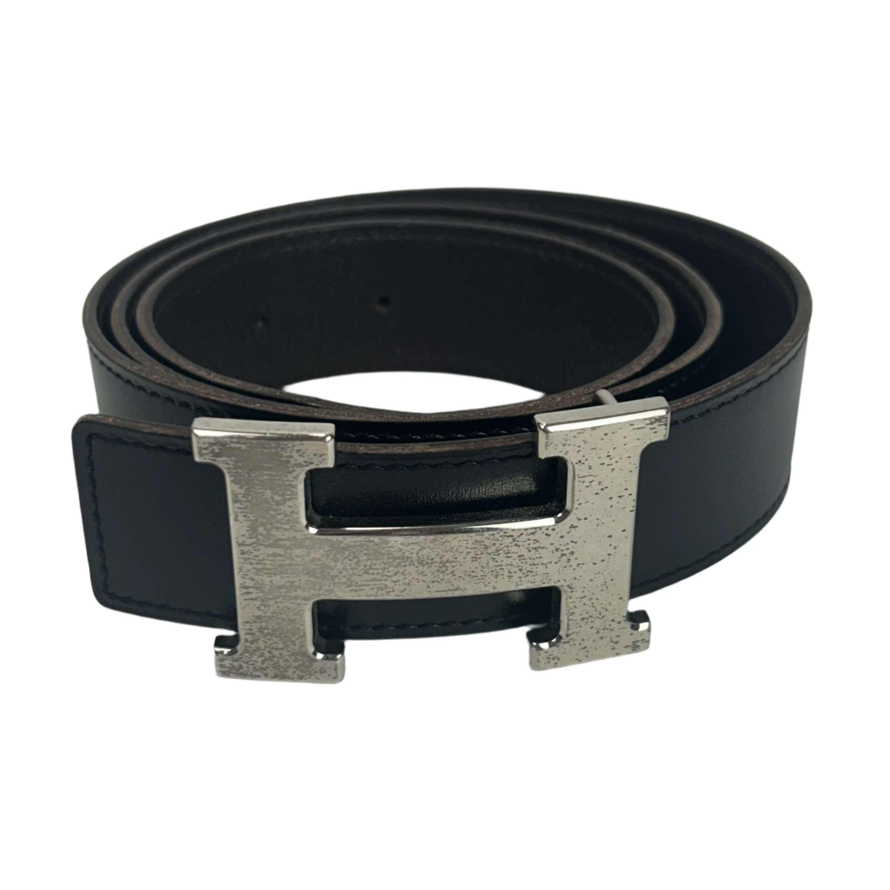 Hermes 32m Black & Silver Leather H Belt  80cm
