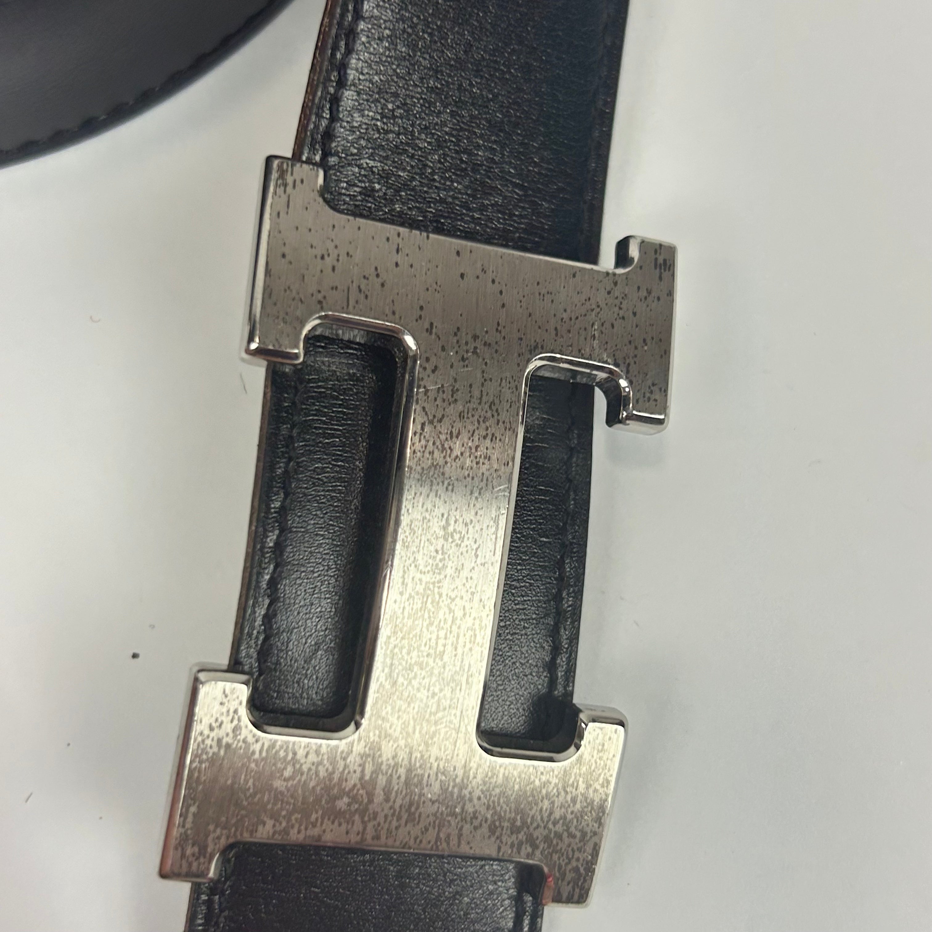 Hermes 32m Black & Silver Leather H Belt  80cm