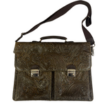 Etro Deep Olive Tooled Leather Satchel Briefcase