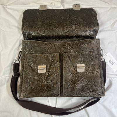 Etro Deep Olive Tooled Leather Satchel Briefcase