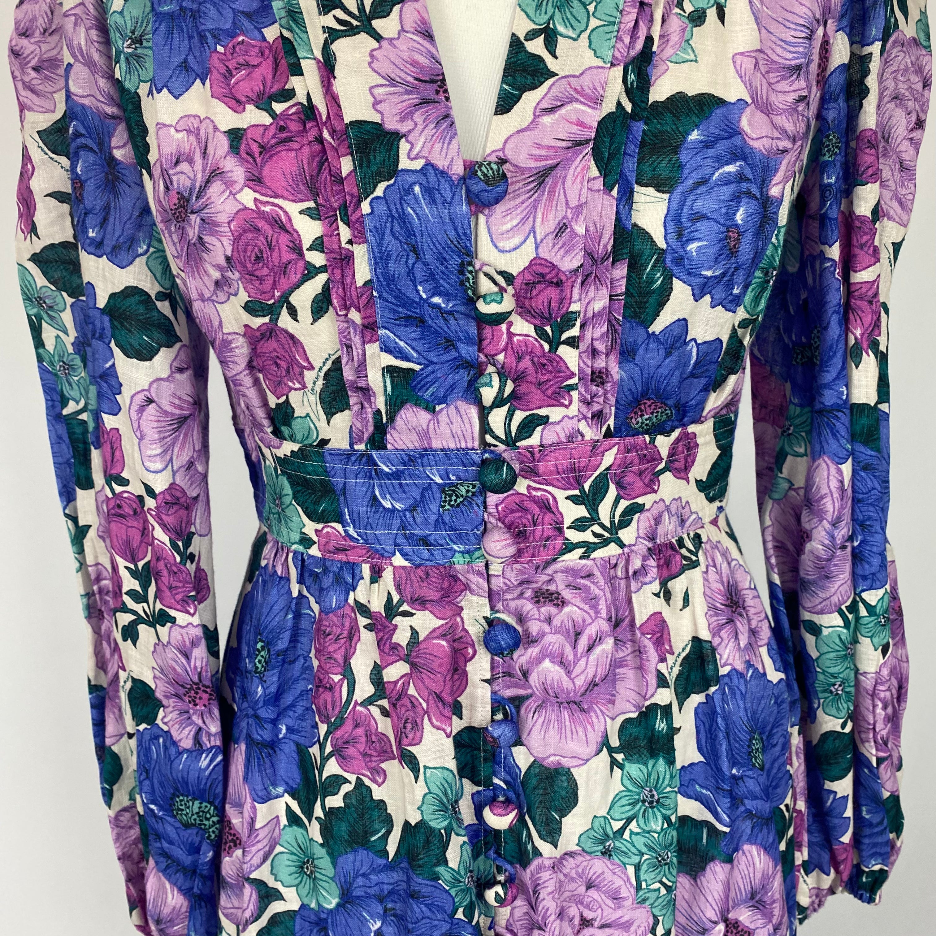 Zimmermann New Violet & Blue Poppy Plunge Linen Midi Dress S
