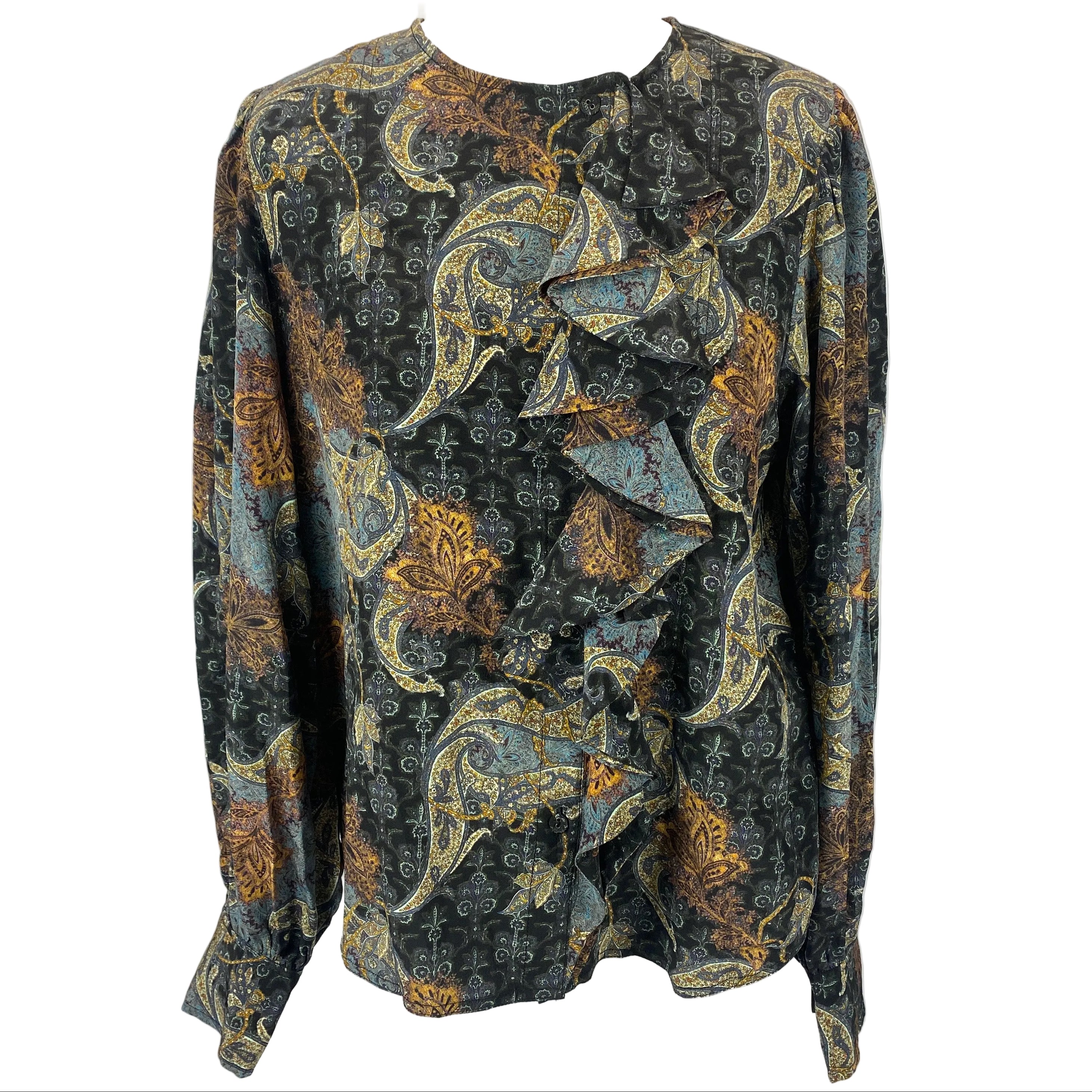Ulla Johnson Black Paisley Silk Ruffle Sleeve Blouse S